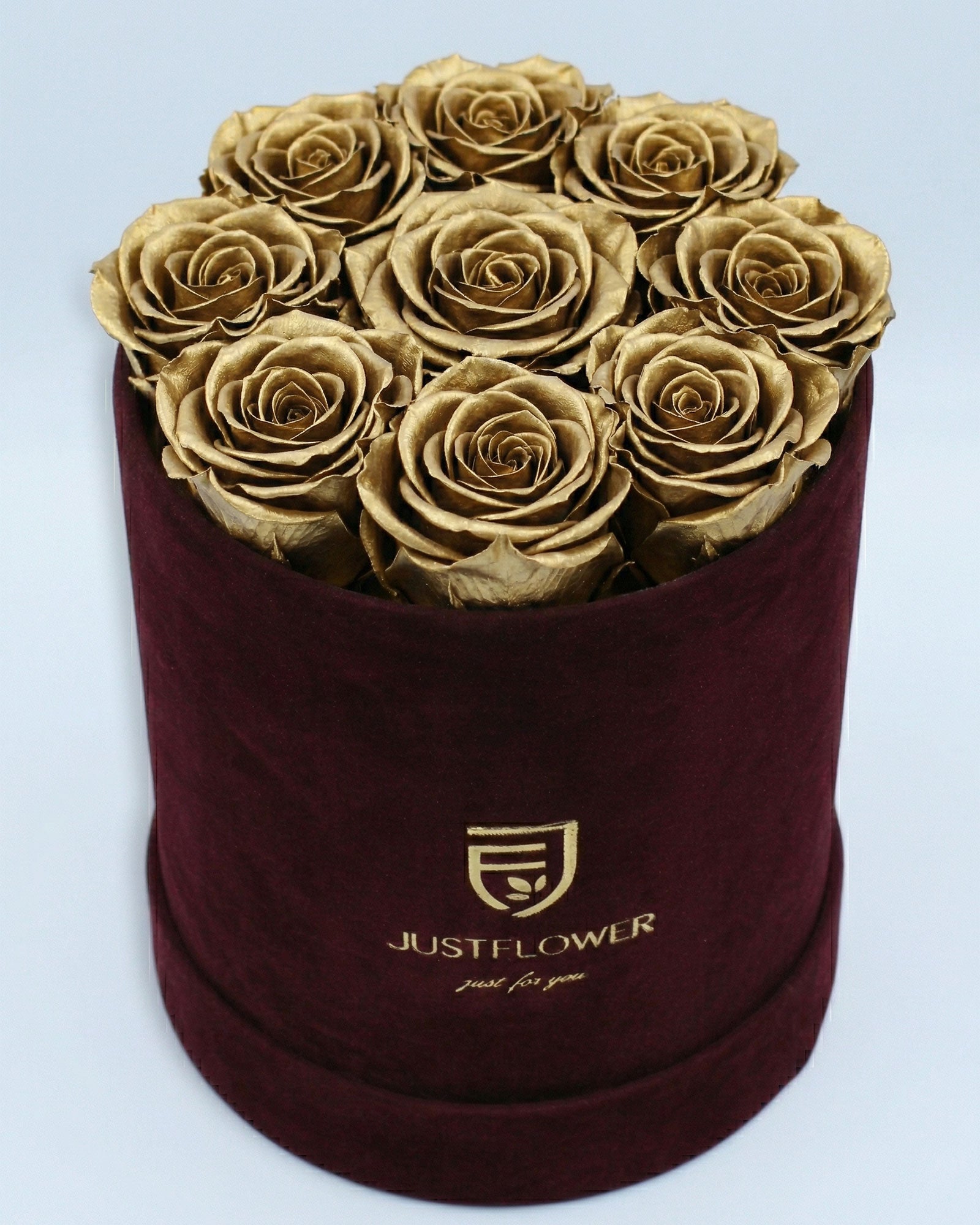 Rosenbox Rund Medium Burgund Velvet mit goldenen Infinity Rosen – luxuriöse Rosenbox für exklusive Geschenke
