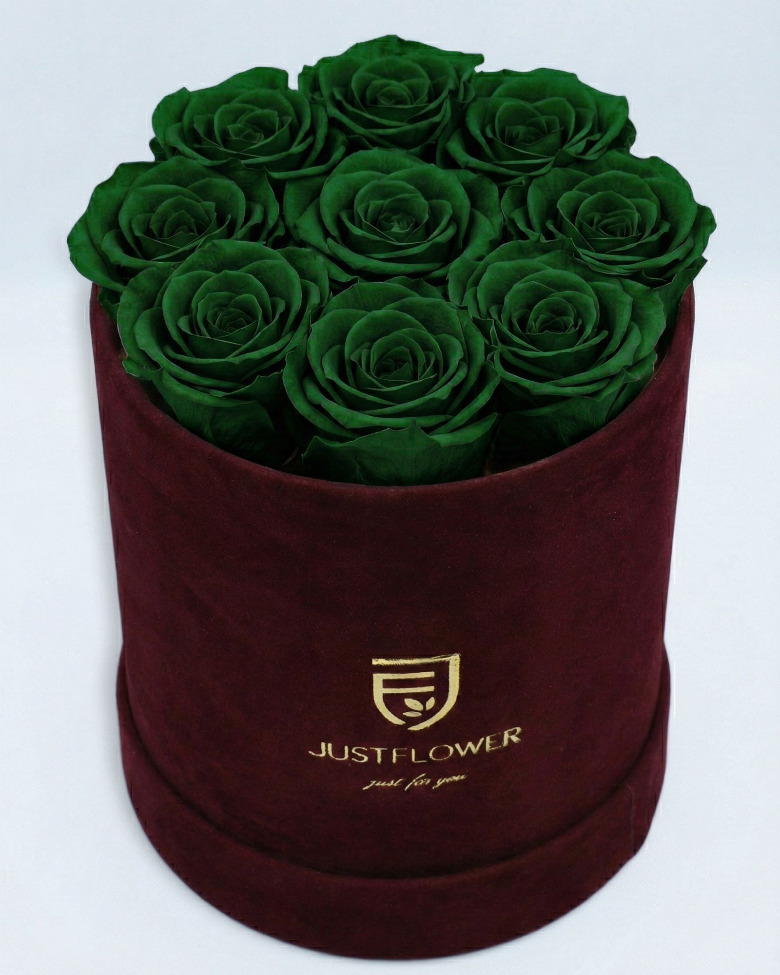 Rosenbox Rund Medium Burgund Velvet mit grünen Infinity Rosen – aussergewöhnliche und stilvolle Geschenkidee