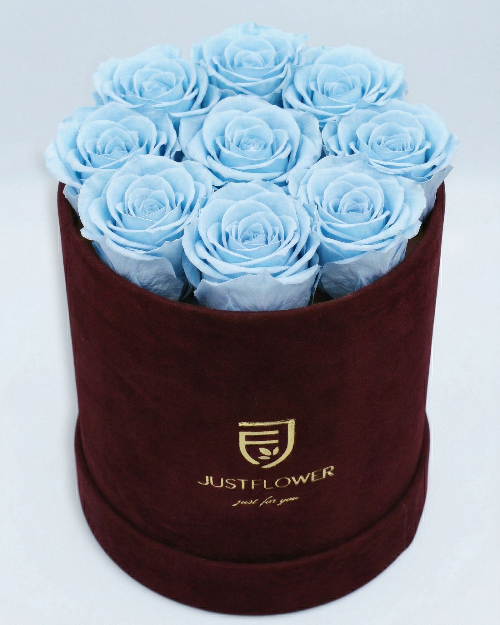 Rosenbox Rund Medium Burgund Velvet mit altrosa Infinity Rosen – luxuriöse Rosenbox im eleganten Stil