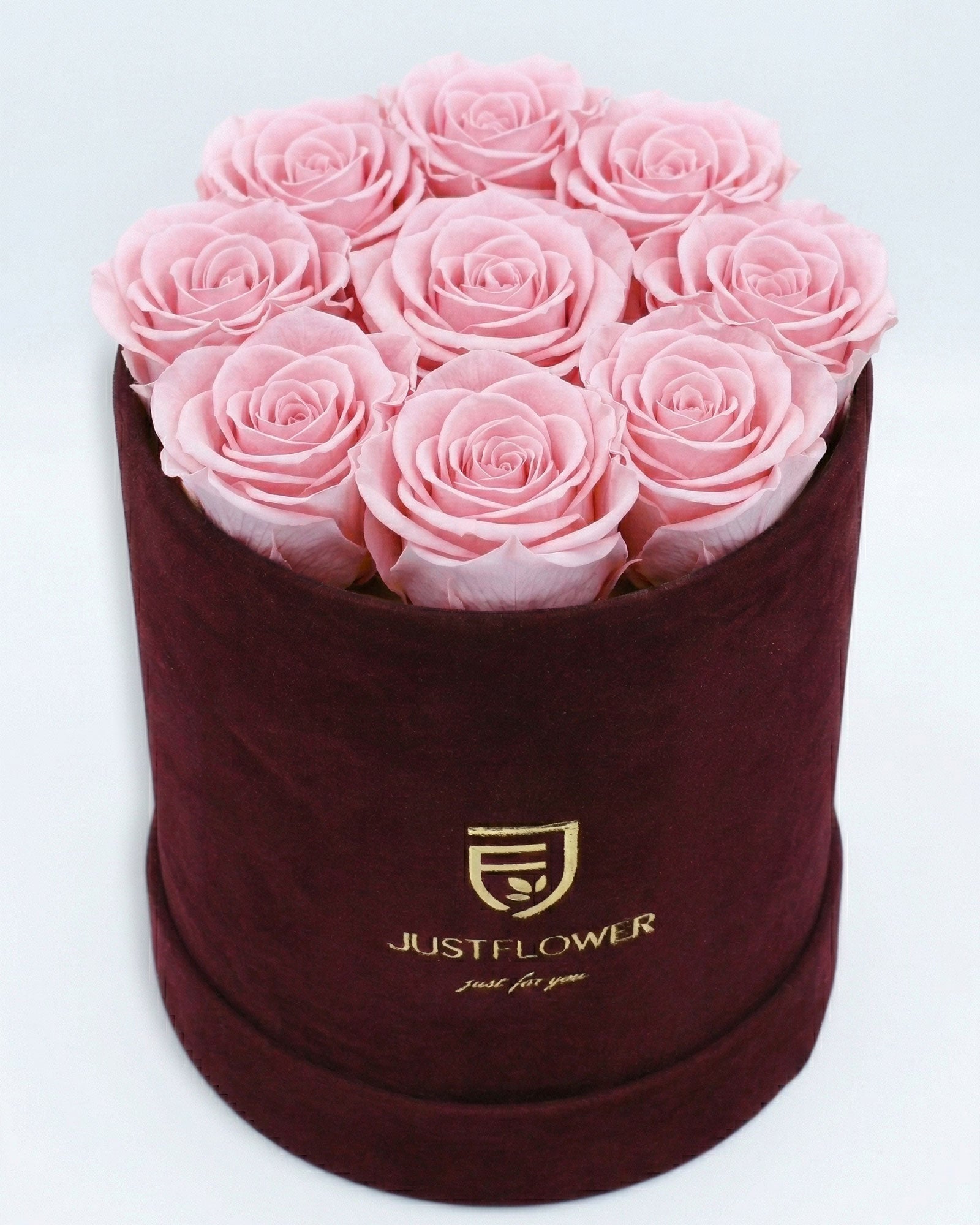 Rosenbox Rund Medium Burgund Velvet mit hellrosa Infinity Rosen – harmonische und stilvolle Geschenkidee