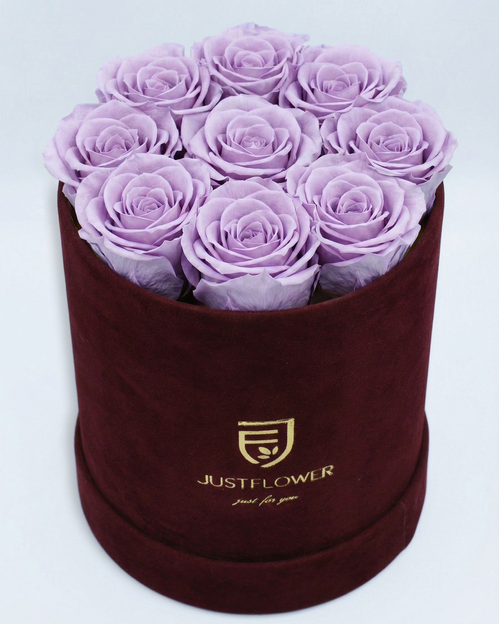 Rosenbox Rund Medium Burgund Velvet mit altrosa Infinity Rosen – luxuriöse Rosenbox im eleganten Stil