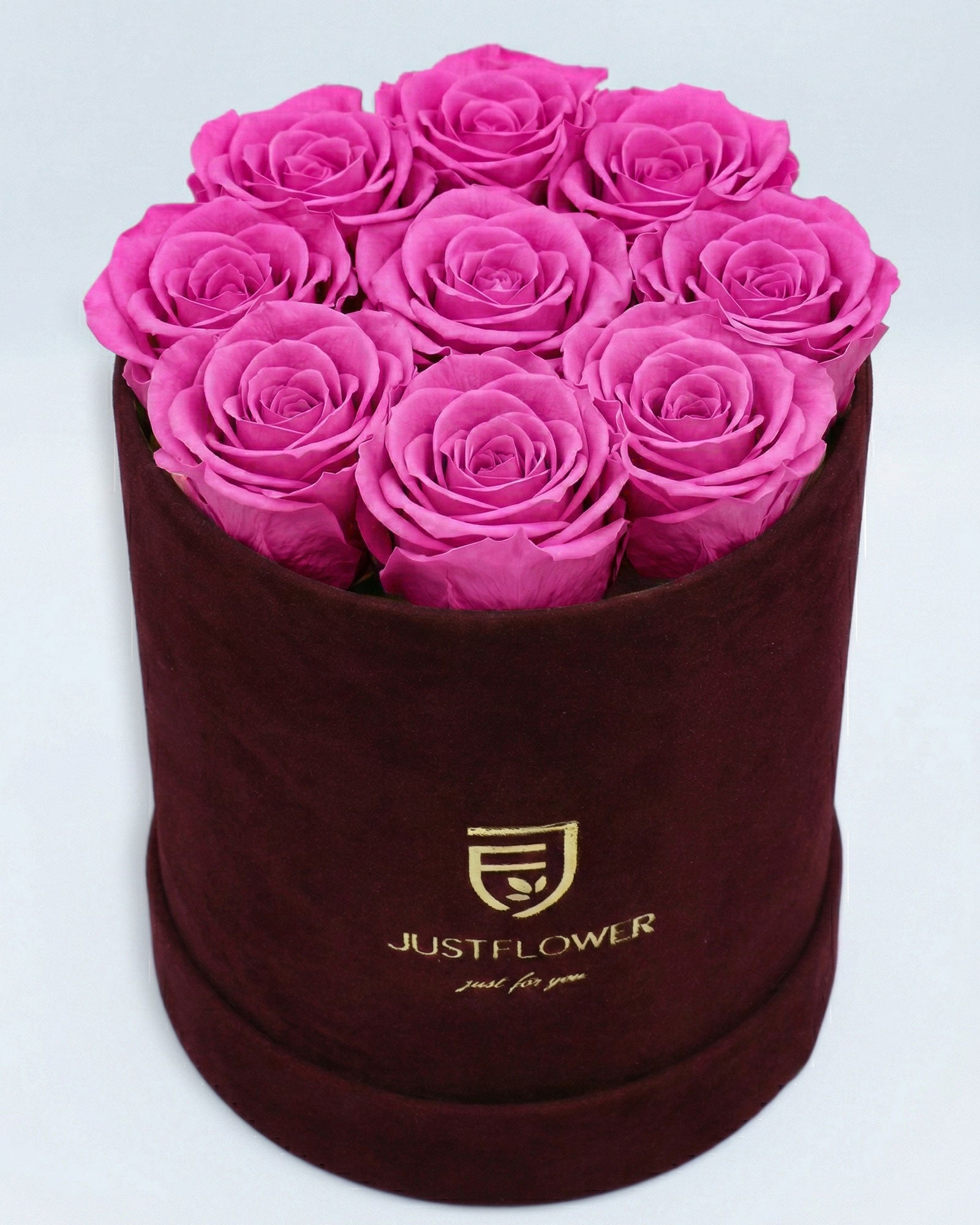 Rosenbox Rund Medium Burgund Velvet mit rosa Infinity Rosen – romantische und elegante Blumenbox