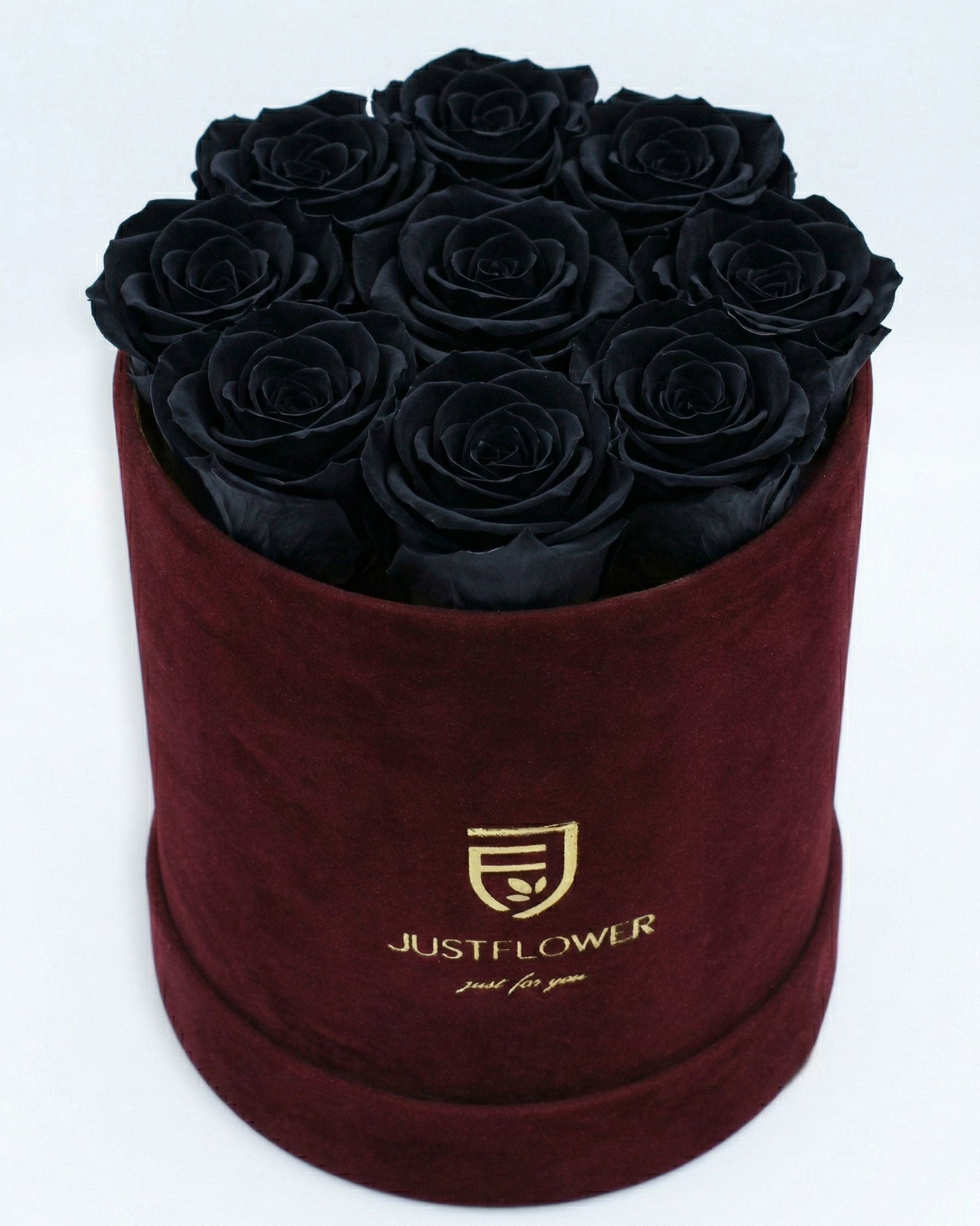 Rosenbox Rund Medium Burgund Velvet mit schwarzen Infinity Rosen – edle und kontrastreiche Geschenkidee