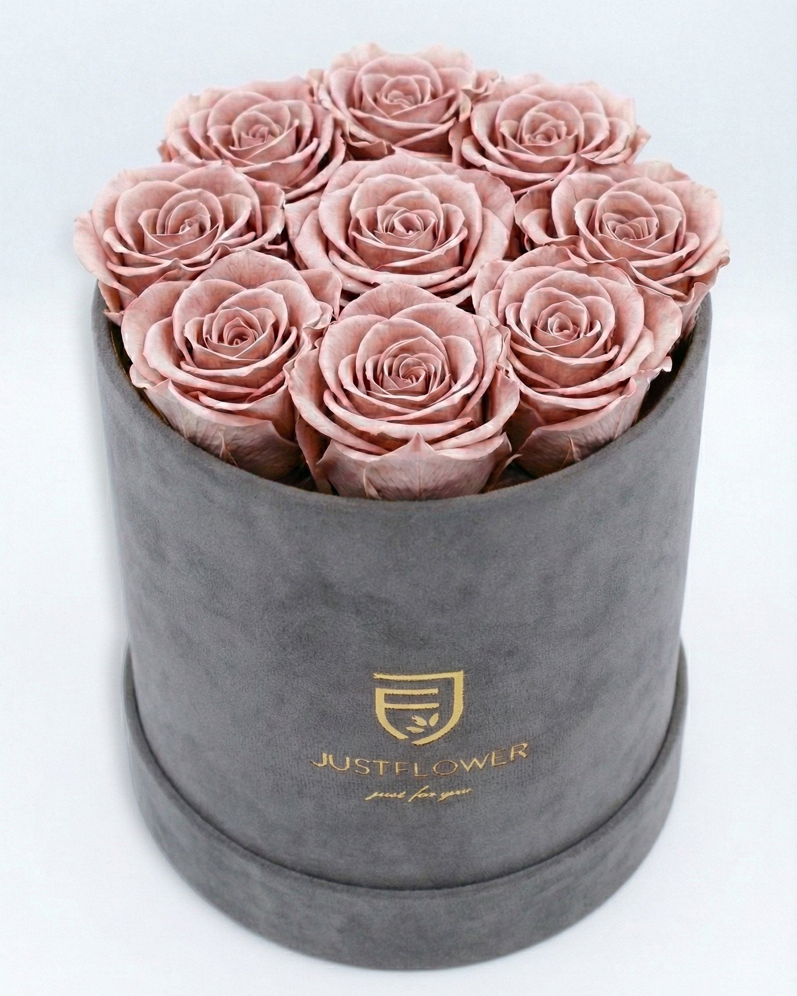 Rosenbox Rund Medium Grau Velvet mit altrosa Infinity Rosen – moderne und elegante Rosenbox