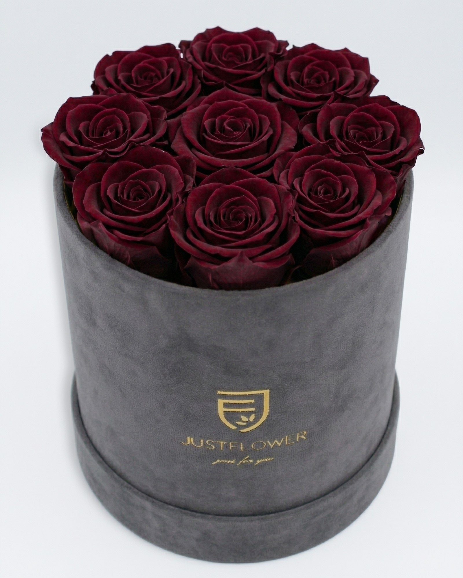 Rosenbox Rund Medium Grau Velvet mit burgundfarbenen Infinity Rosen – edles und luxuriöses Design