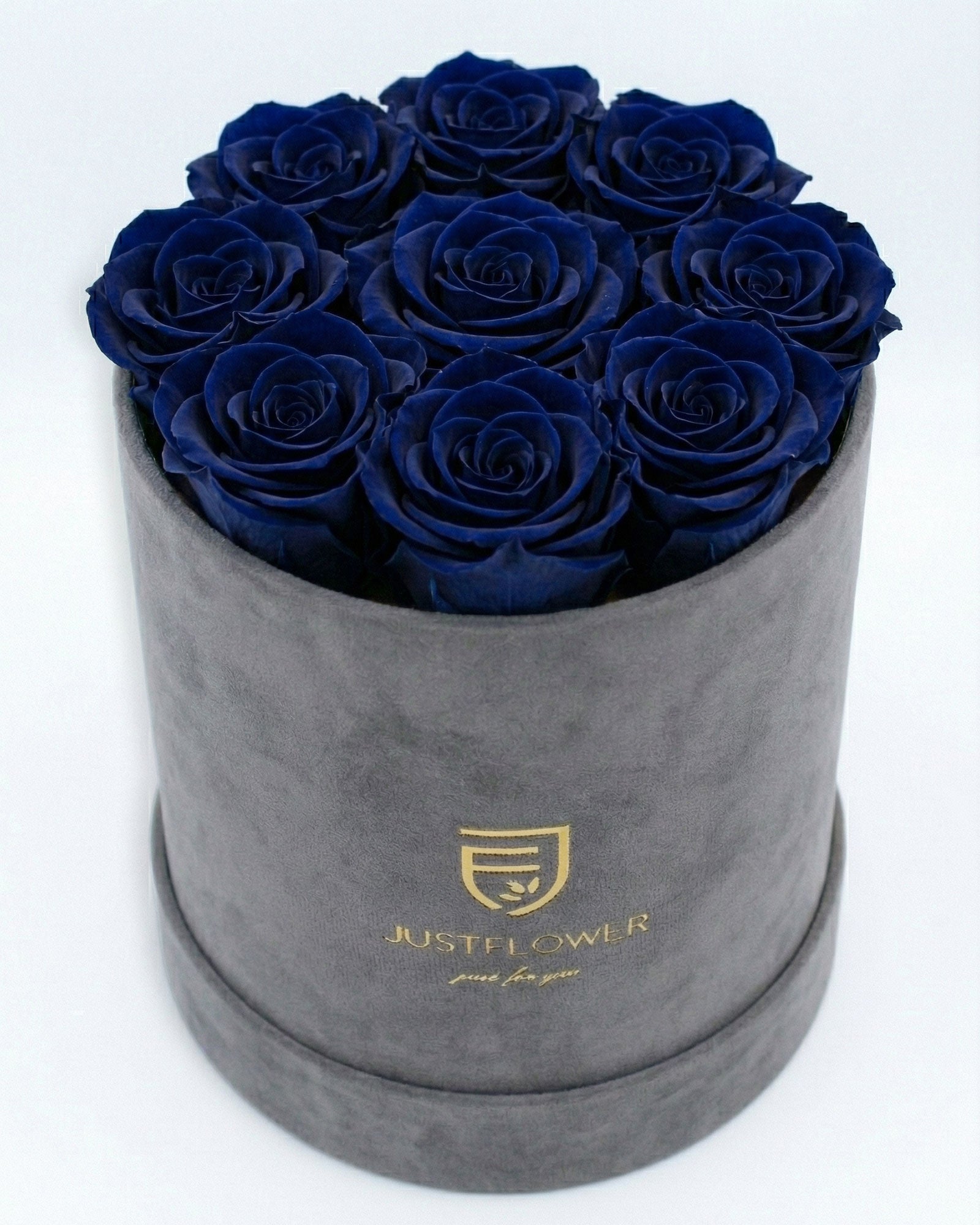 Rosenbox Rund Medium Grau Velvet mit dunkelblauen Infinity Rosen – edles und kontrastreiches Design