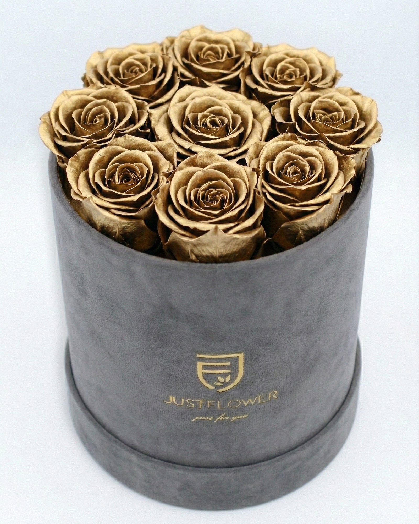 Rosenbox Rund Medium Grau Velvet mit goldenen Infinity Rosen – luxuriöse Rosenbox für exklusive Geschenke