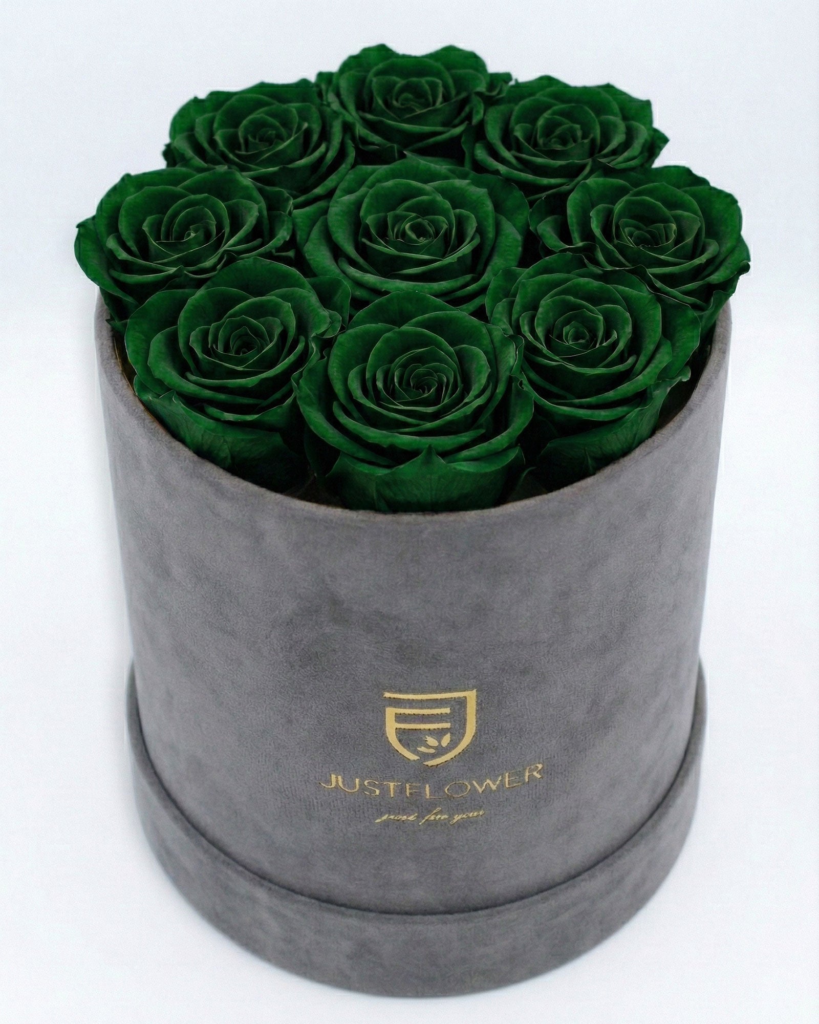 Rosenbox Rund Medium Grau Velvet mit grünen Infinity Rosen – aussergewöhnliche und moderne Rosenbox