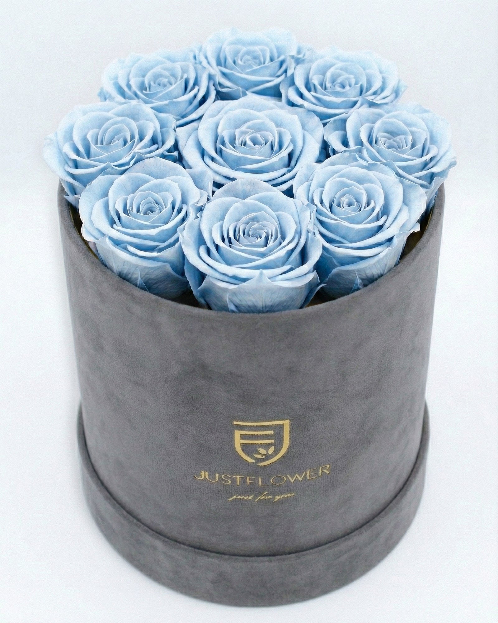 Rosenbox Rund Medium Grau Velvet mit lila Infinity Rosen – auffällige und stilvolle Dekoration