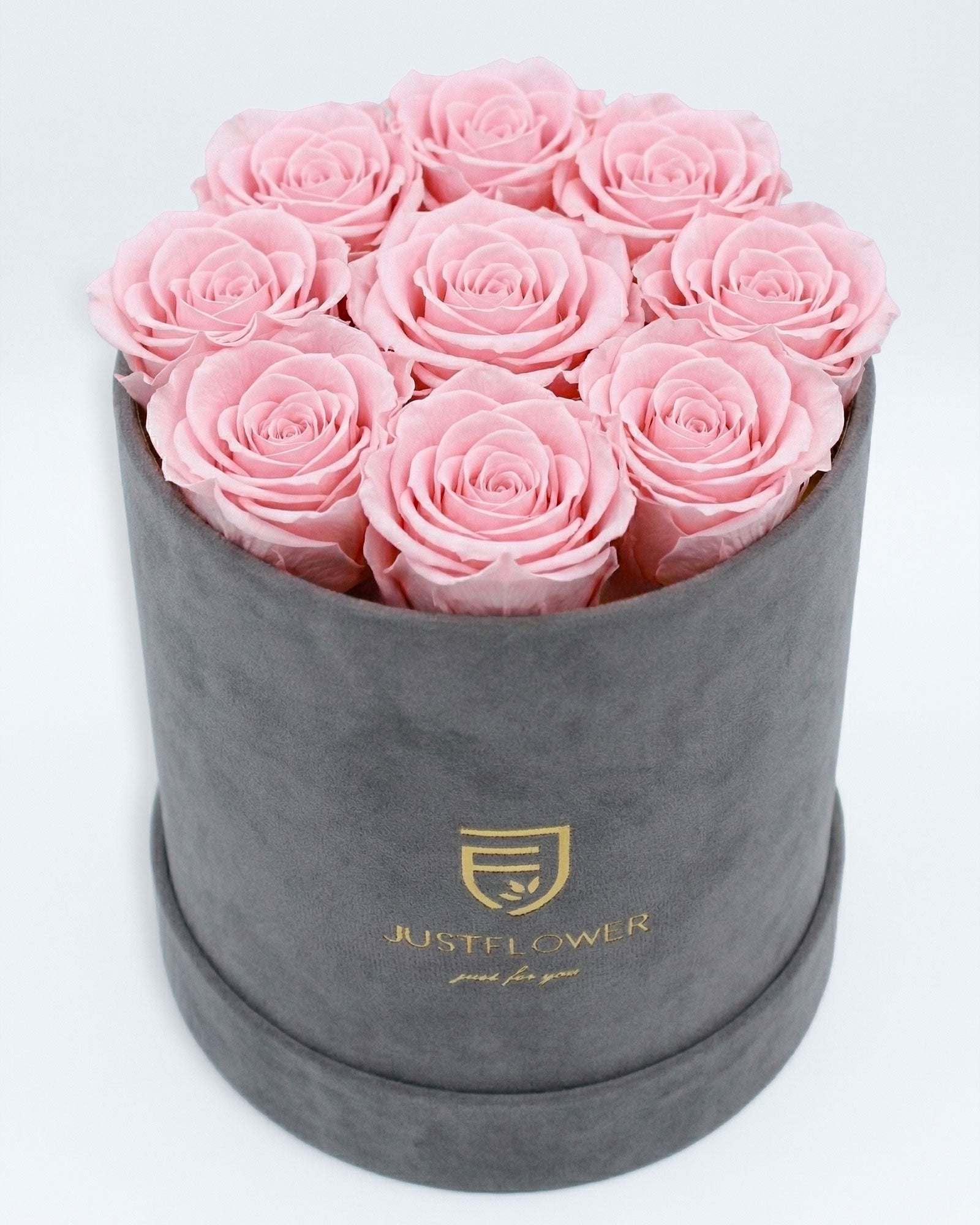 Rosenbox Rund Medium Grau Velvet mit hellrosa Infinity Rosen – sanfte und stilvolle Blumenbox