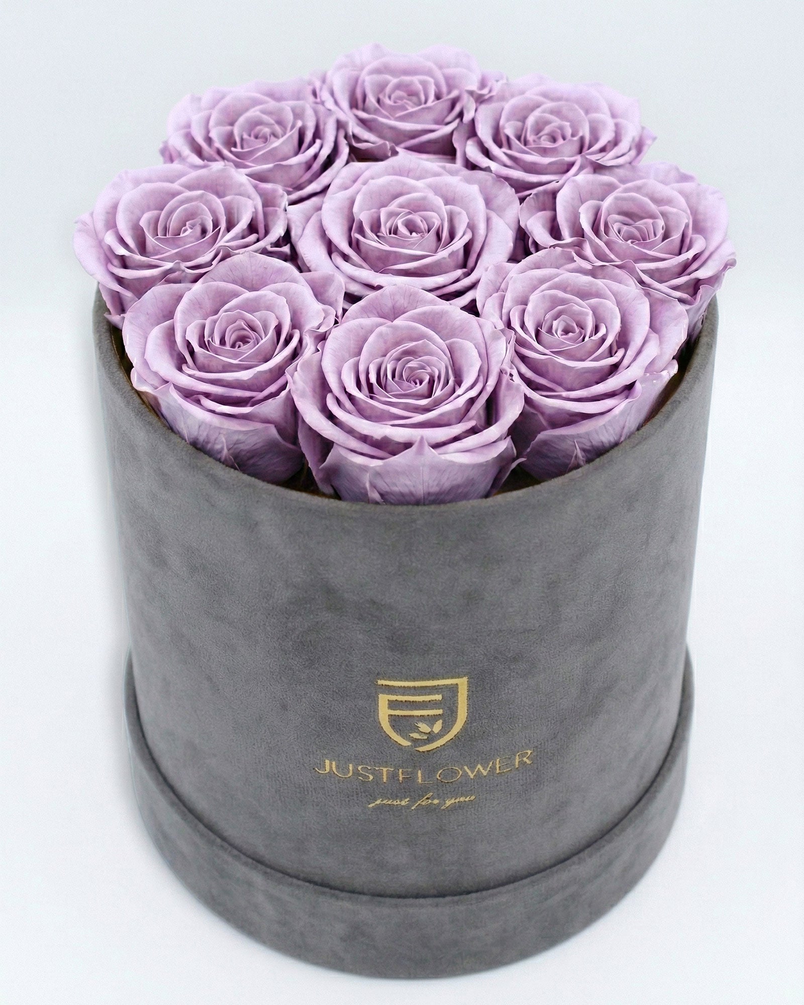 Rosenbox Rund Medium Grau Velvet mit lila Infinity Rosen – auffällige und stilvolle Dekoration