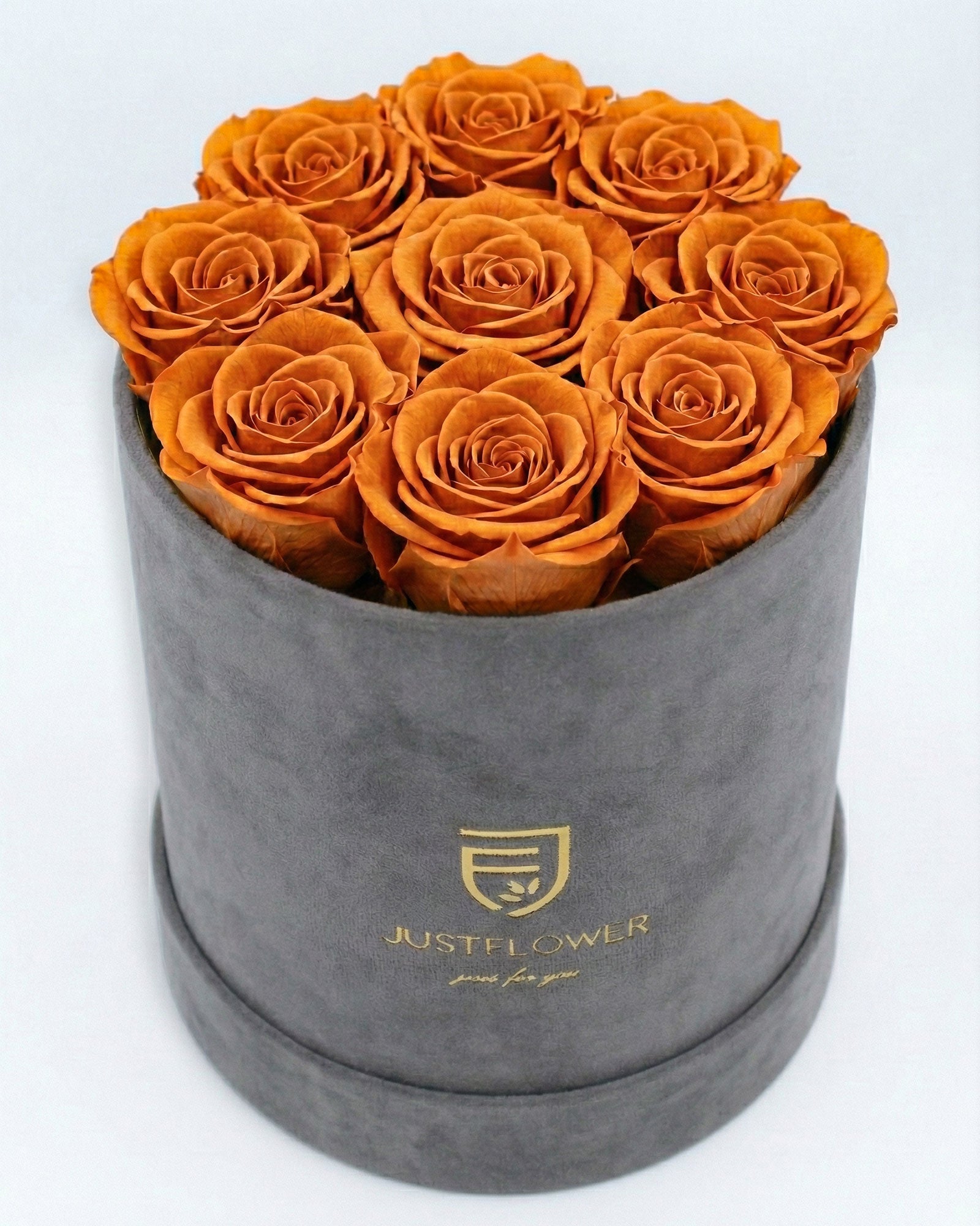 Rosenbox Rund Medium Grau Velvet mit orangefarbenen Infinity Rosen – lebendige und auffällige Geschenkidee