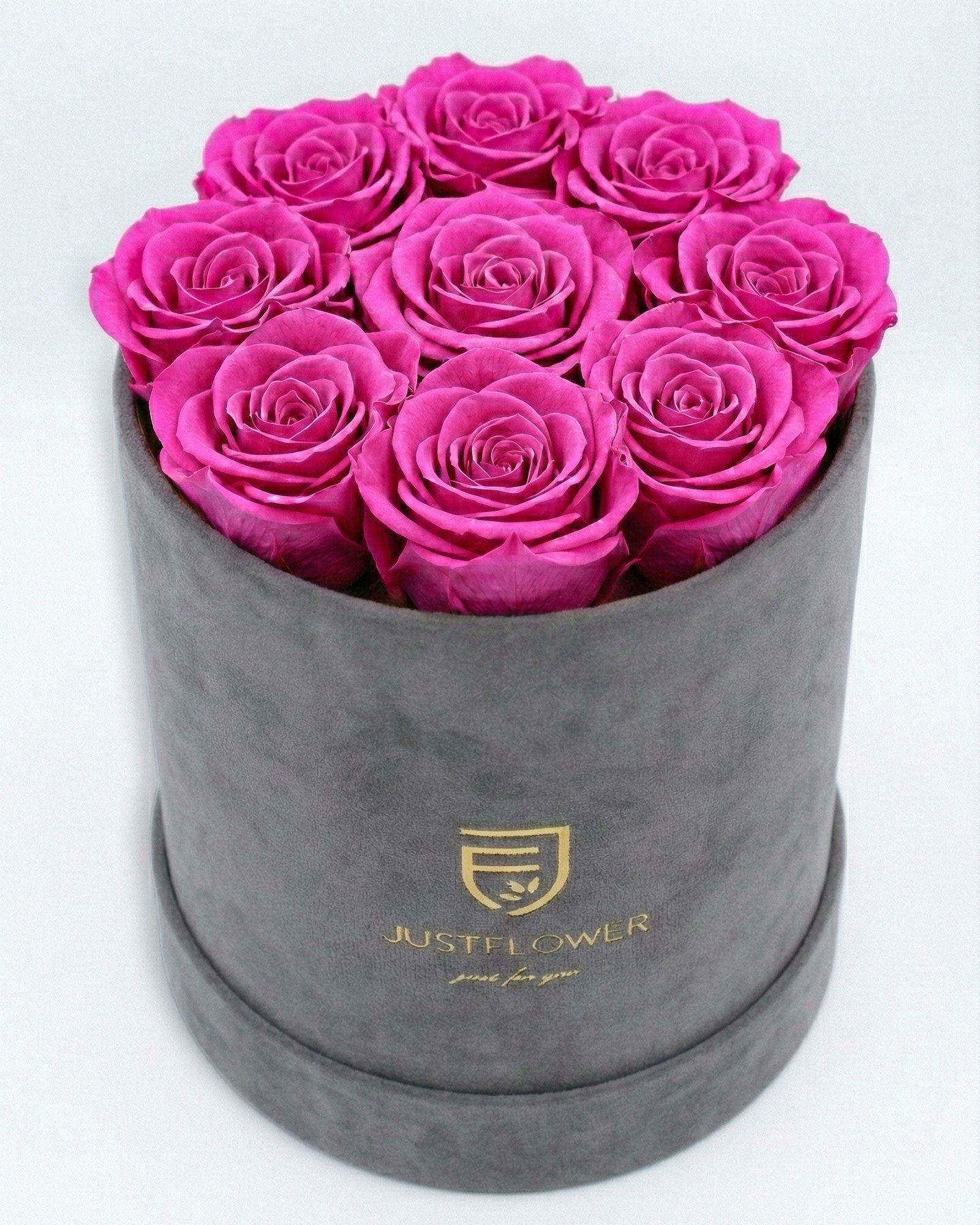 Rosenbox Rund Medium Grau Velvet mit rosa Infinity Rosen – elegante und romantische Geschenkidee