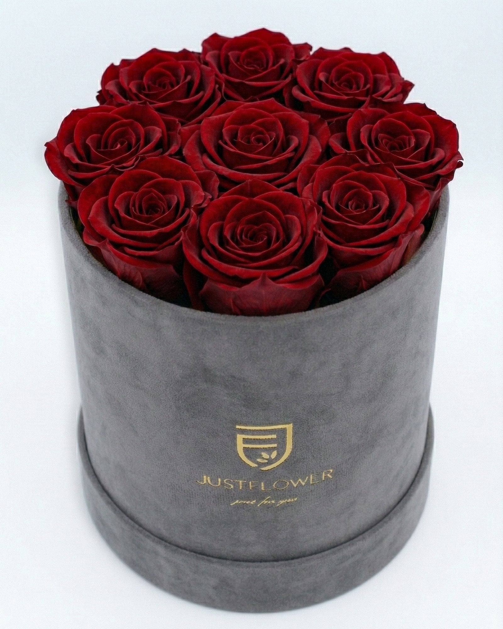 Rosenbox Rund Medium Grau Velvet mit roten Infinity Rosen – stilvolle und kontrastreiche Rosenbox als Geschenk