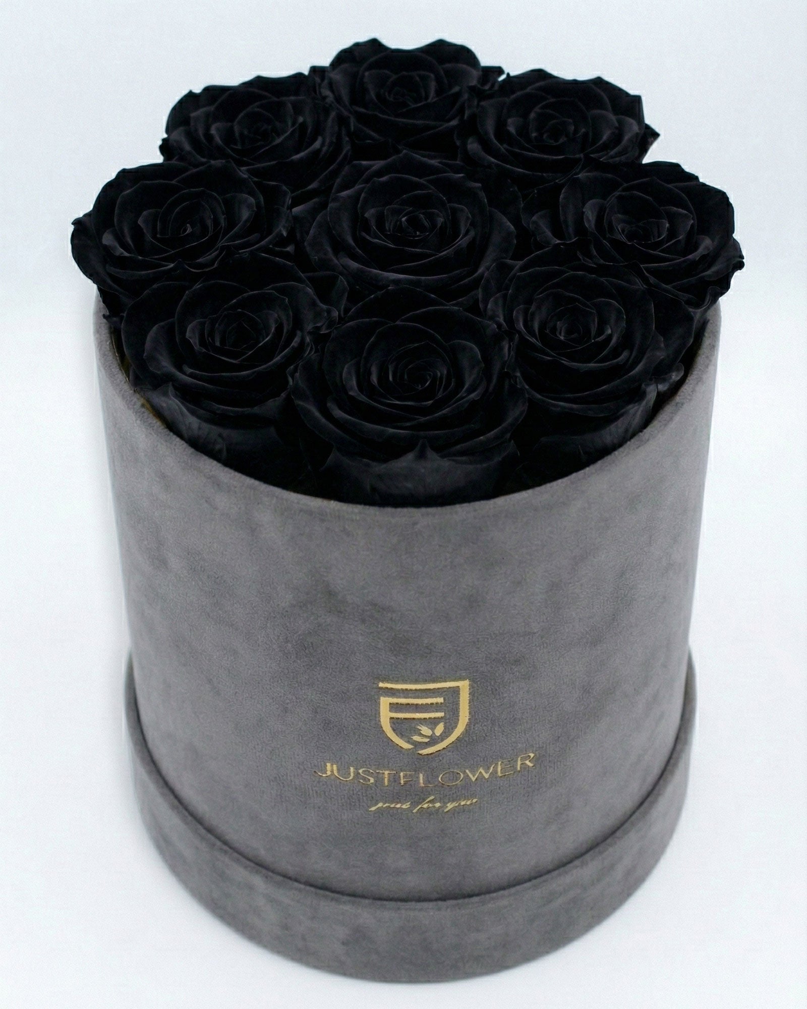 Rosenbox Rund Medium Grau Velvet mit schwarzen Infinity Rosen – moderne und minimalistische Geschenkidee