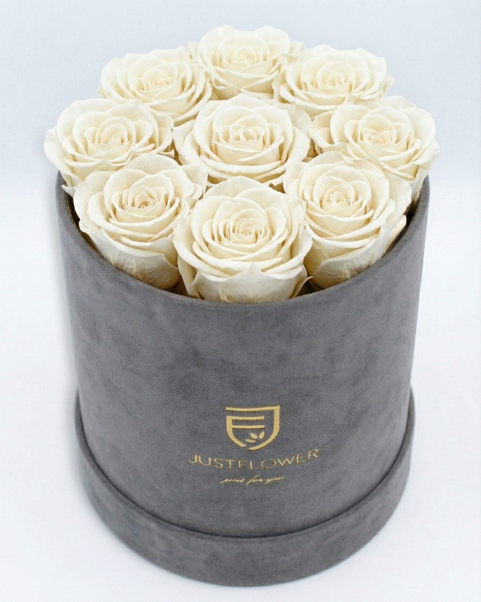 Rosenbox Rund Medium Grau Velvet mit weissen Infinity Rosen – elegante und zeitlose Rosenbox