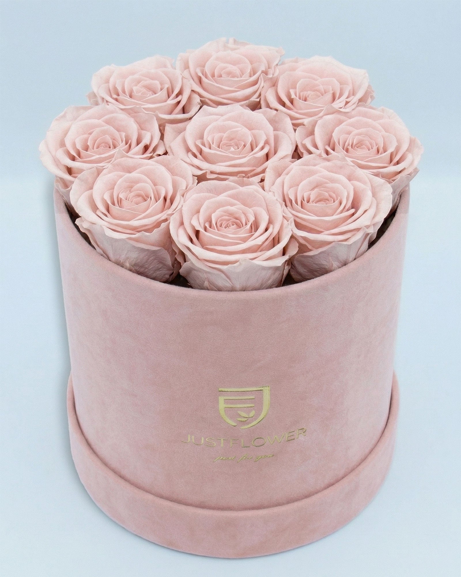 Rosenbox Rund Medium Hellrosa Velvet mit altrosa Infinity Rosen – harmonische und elegante Blumenbox