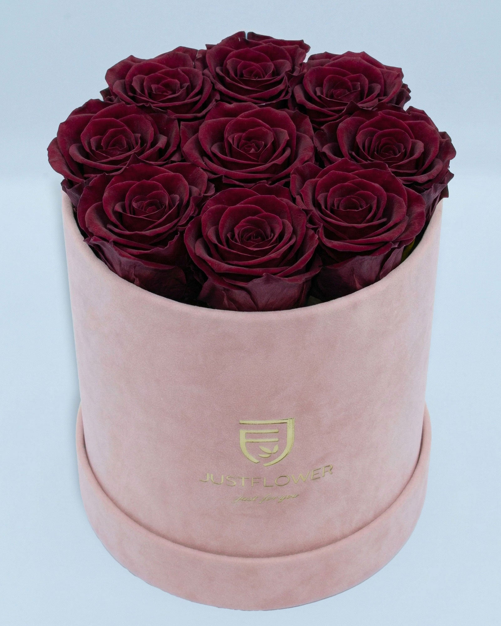 Rosenbox Rund Medium Hellrosa Velvet mit burgundfarbenen Infinity Rosen – elegante Rosenbox für besondere Anlässe