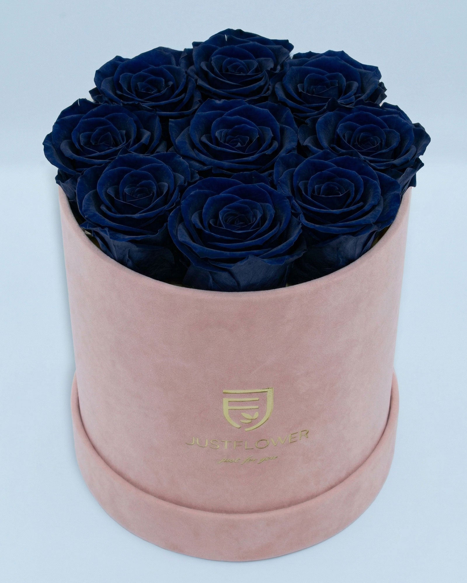 Rosenbox Rund Medium Hellrosa Velvet mit dunkelblauen Infinity Rosen – edles und kontrastreiches Design