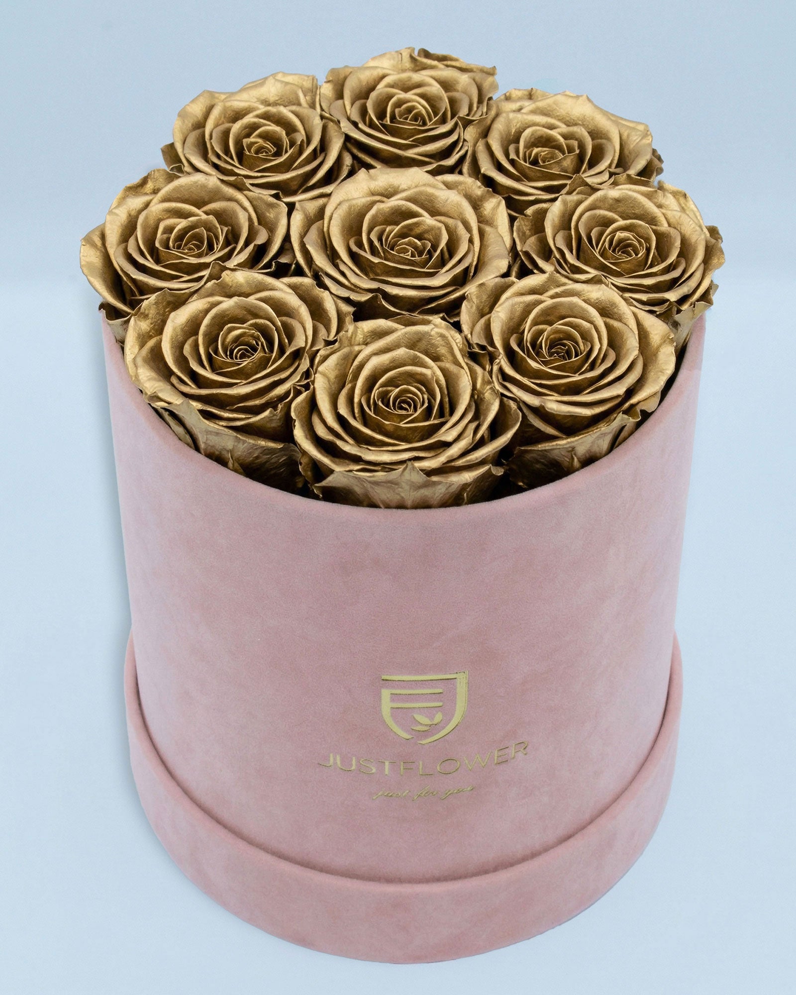Rosenbox Rund Medium Hellrosa Velvet mit goldenen Infinity Rosen – luxuriöse Rosenbox für exklusive Geschenke