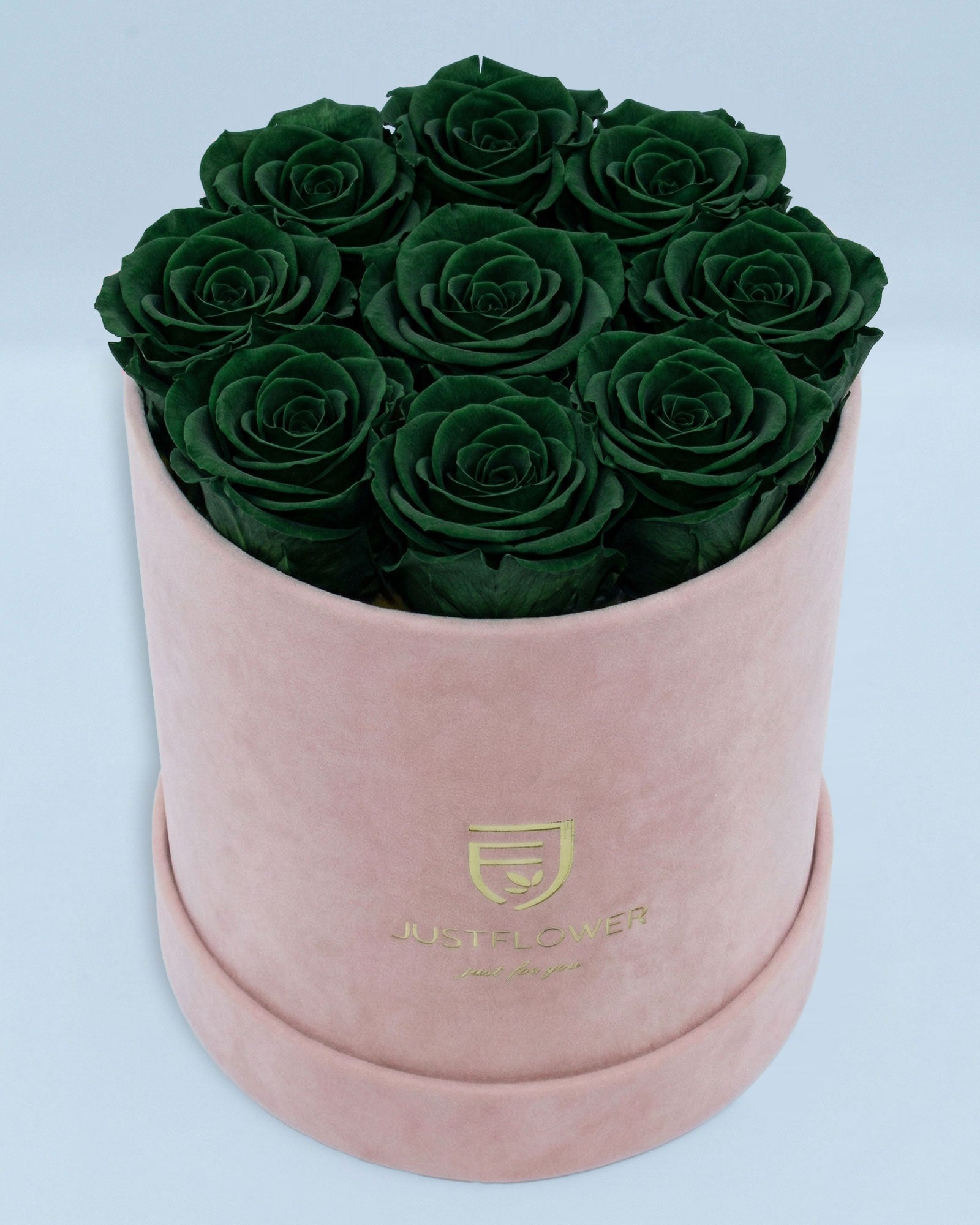 Rosenbox Rund Medium Hellrosa Velvet mit grünen Infinity Rosen – aussergewöhnliche und moderne Blumenbox