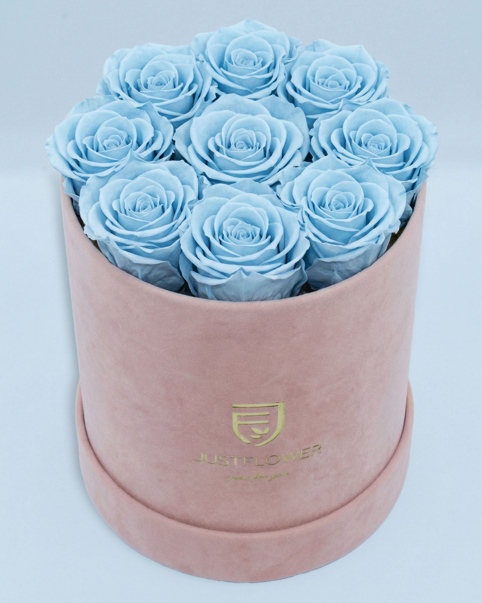 Rosenbox Rund Medium Hellrosa Velvet mit hellblauen Infinity Rosen – kreative und stilvolle Rosenbox