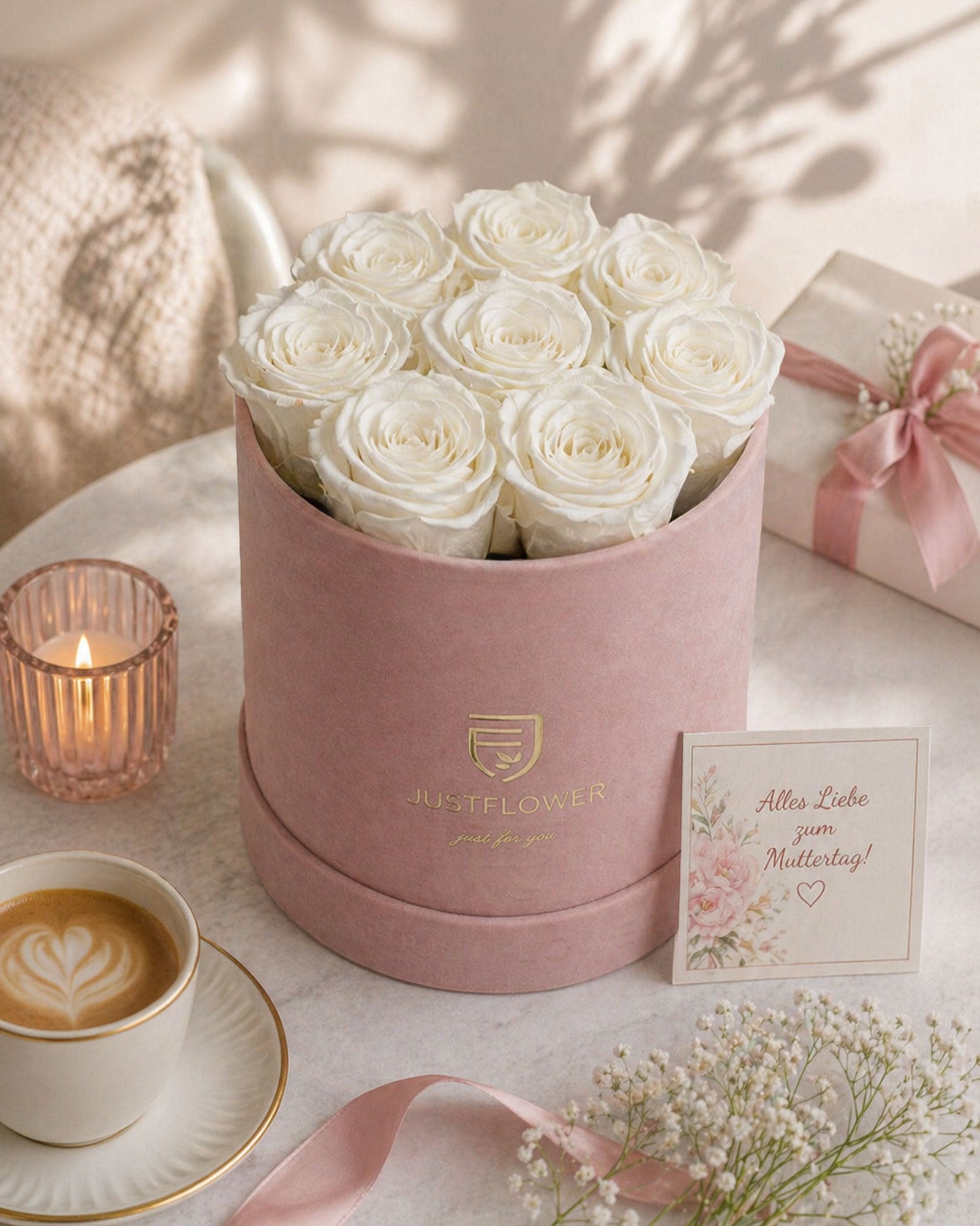 Rosenbox Rund Medium in Hellrosa mit weissen Infinity Rosen – elegantes Muttertag Geschenk