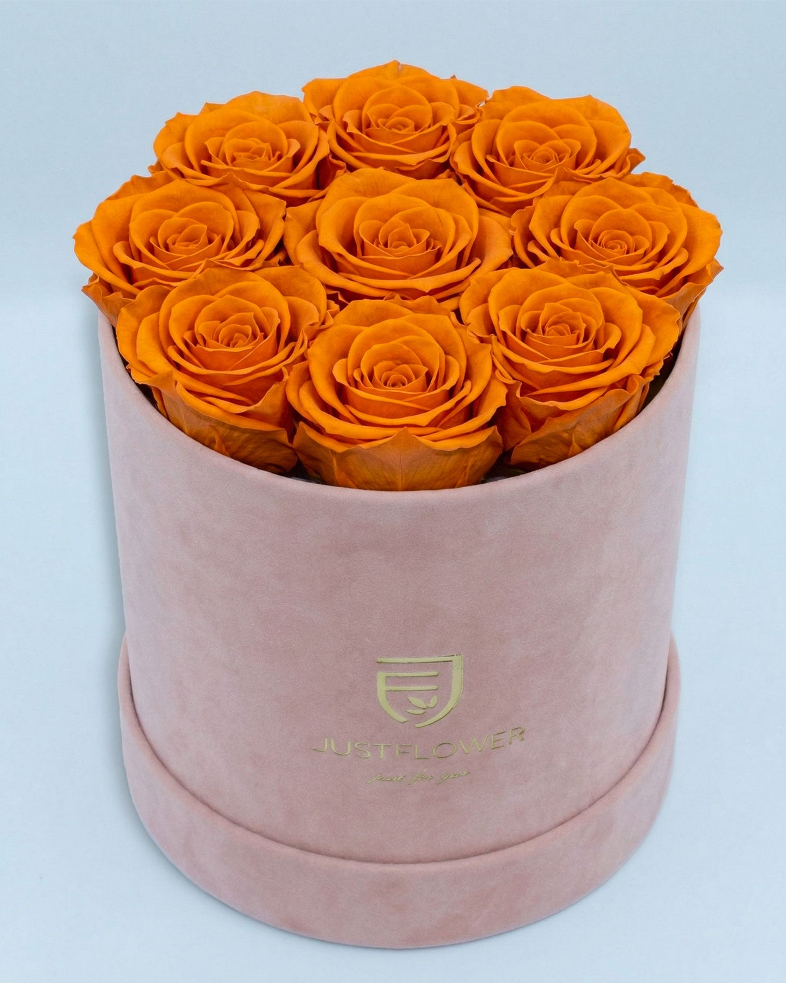 Rosenbox Rund Medium Hellrosa Velvet mit orangefarbenen Infinity Rosen – lebendige und auffällige Geschenkidee