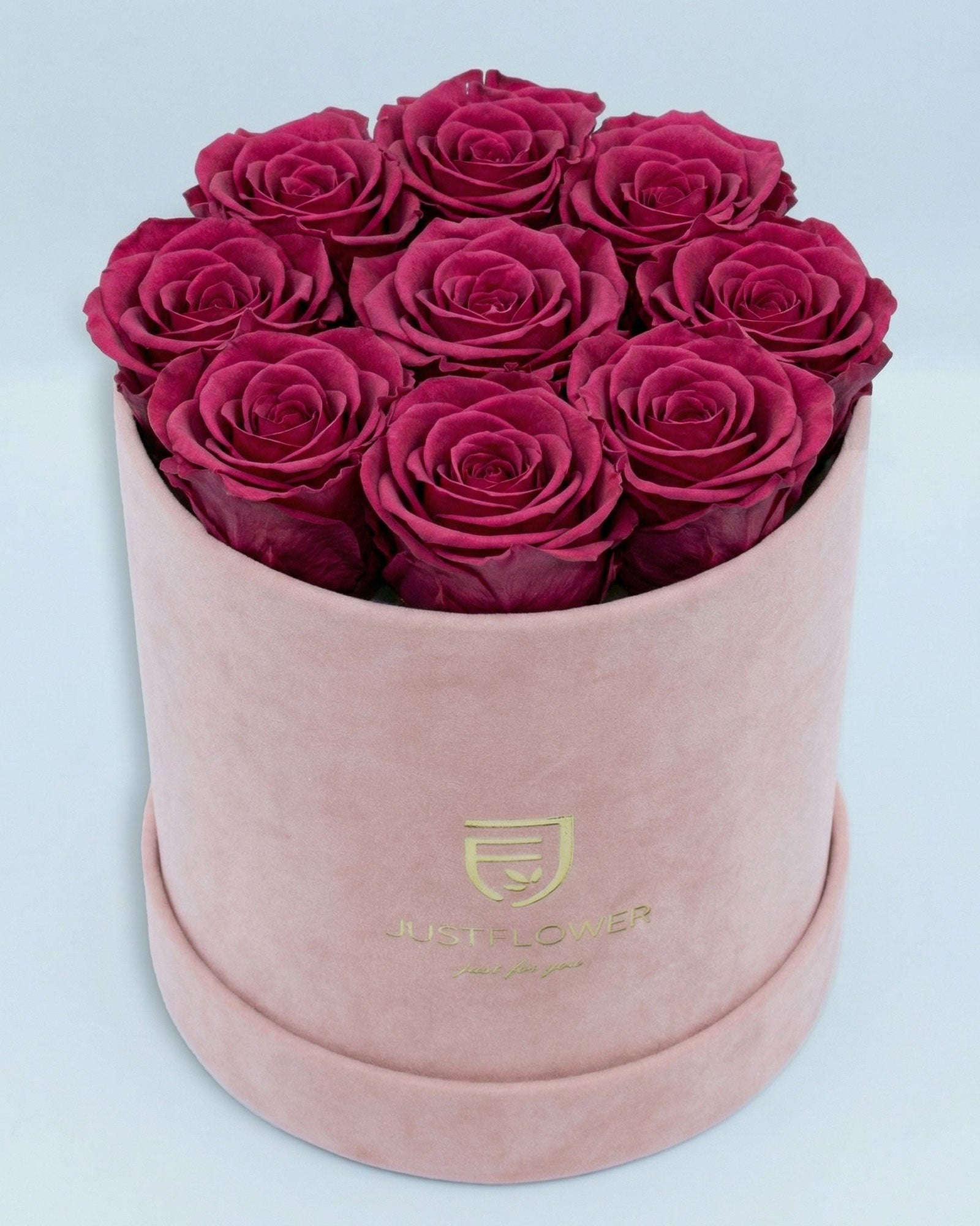 Rosenbox Rund Medium Hellrosa Velvet mit rosa Infinity Rosen – romantische Geschenkbox von JustFlower