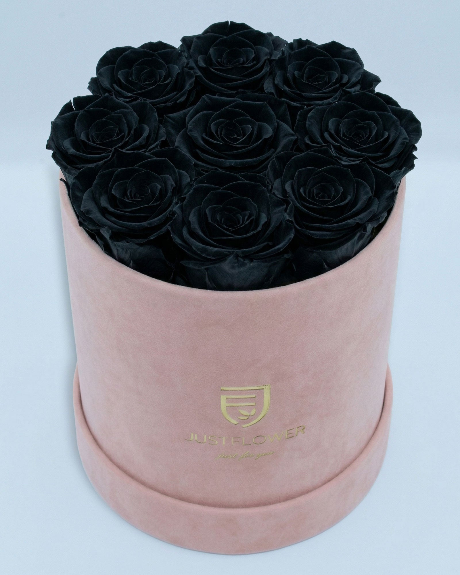 Rosenbox Rund Medium Hellrosa Velvet mit schwarzen Infinity Rosen – edle und moderne Geschenkidee