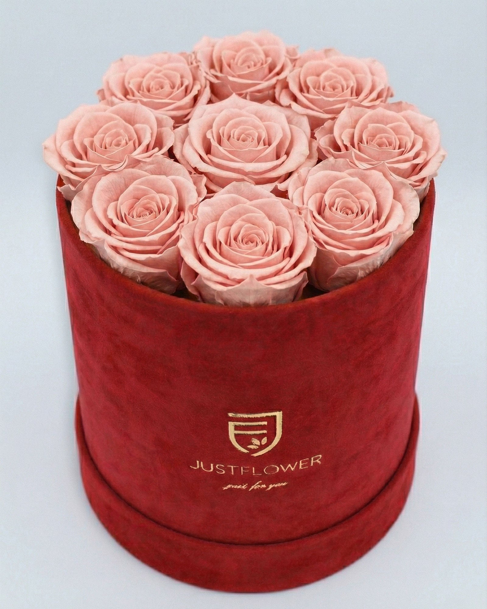 Rosenbox Rund Medium Rot Velvet mit altrosa Infinity Rosen – edle und harmonische Rosenbox