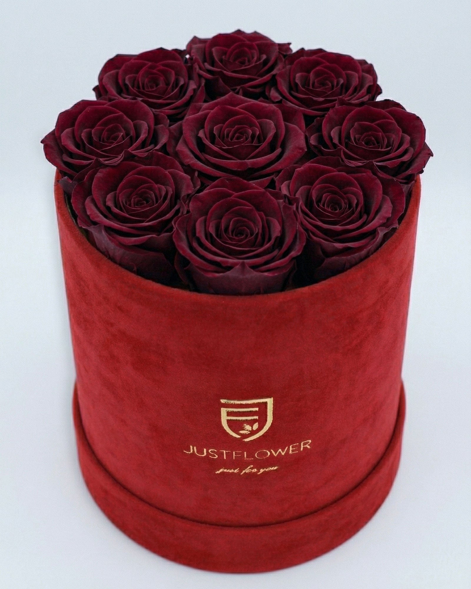 Rosenbox Rund Medium Rot Velvet mit burgundfarbenen Infinity Rosen – romantische und luxuriöse Rosenbox