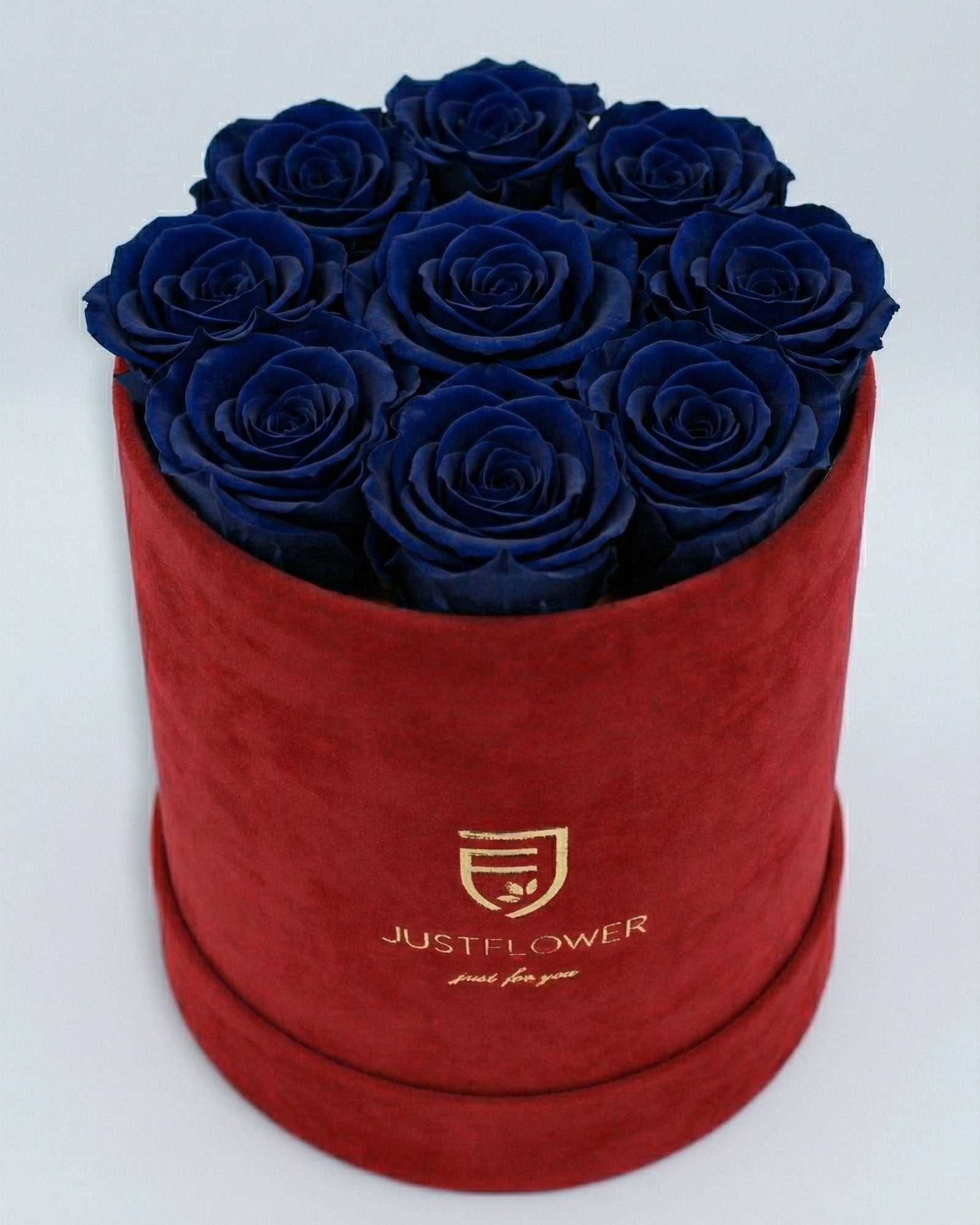 Rosenbox Rund Medium Rot Velvet mit dunkelblauen Infinity Rosen – edles und modernes Design