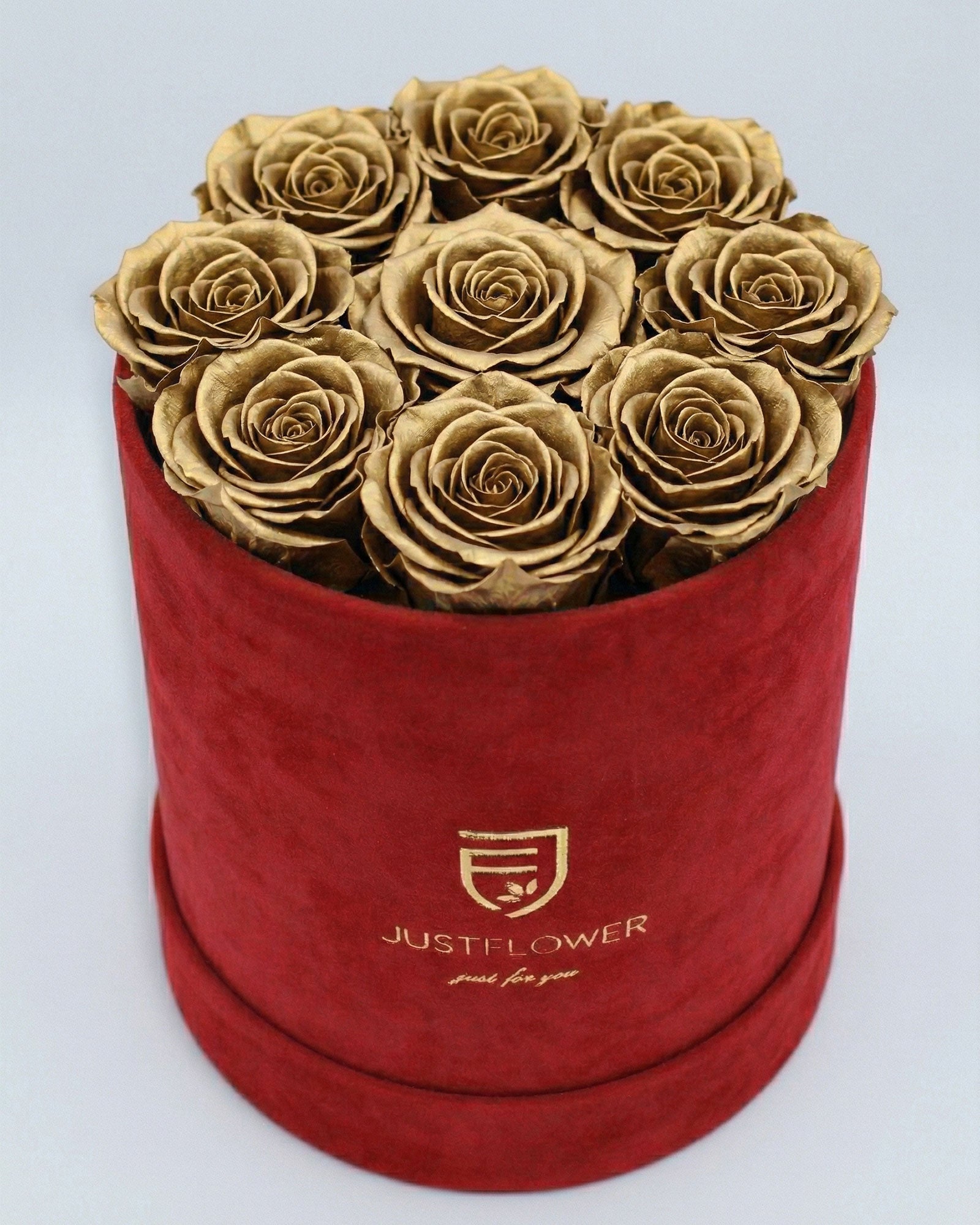 Rosenbox Rund Medium Rot Velvet mit goldenen Infinity Rosen – luxuriöse Rosenbox für exklusive Geschenke