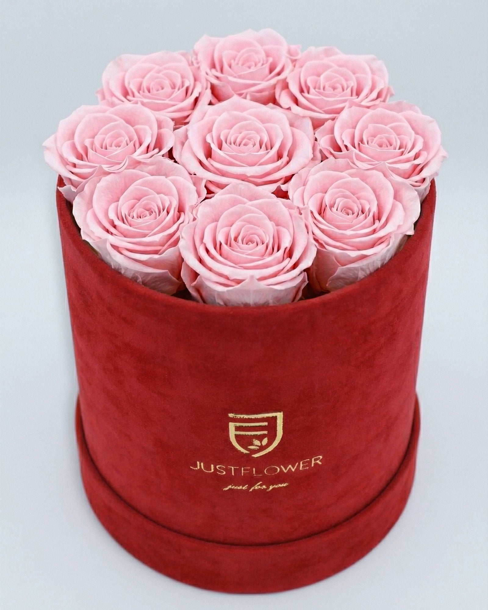 Rosenbox Rund Medium Rot Velvet mit hellrosa Infinity Rosen – sanfte und stilvolle Blumenbox