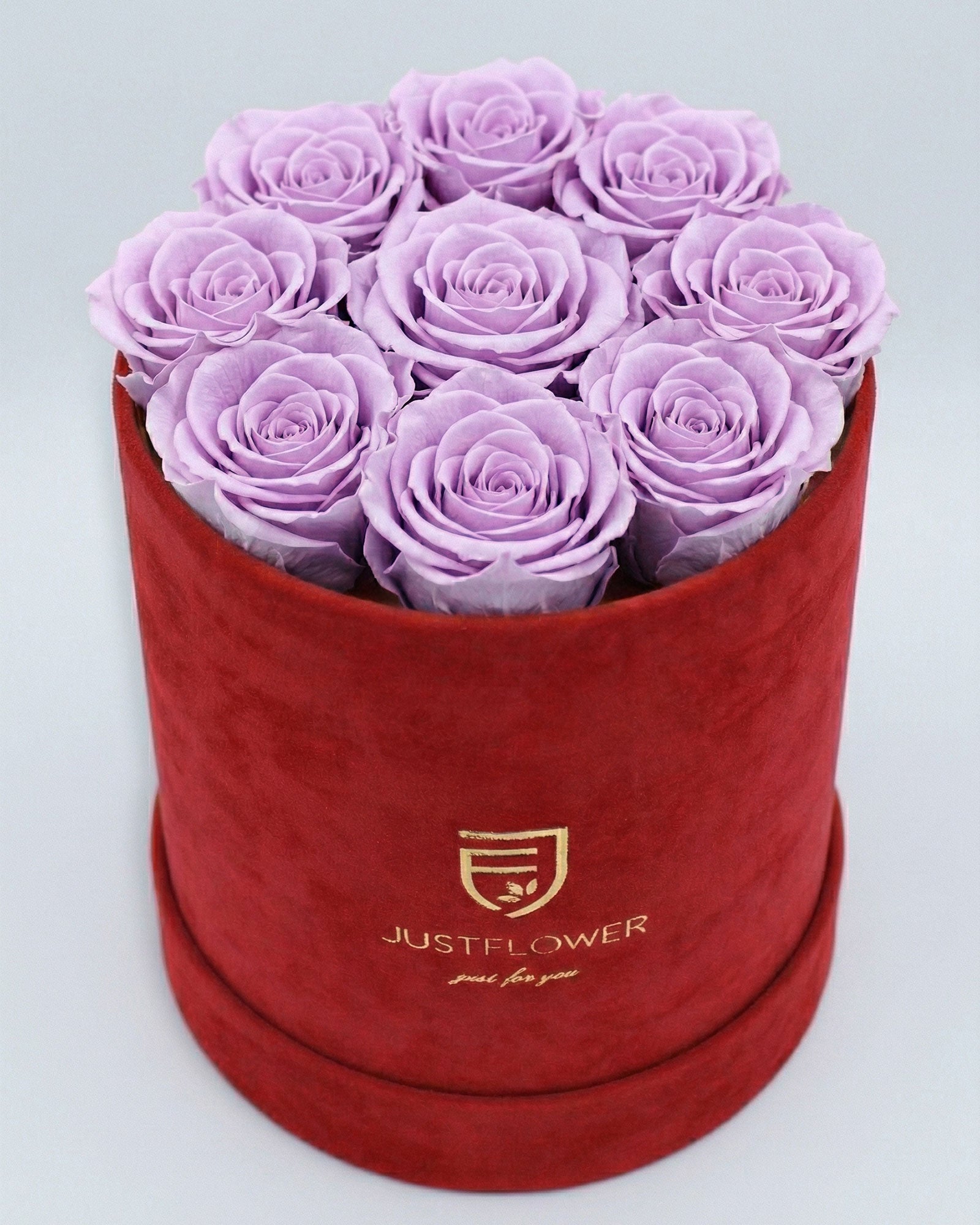 Rosenbox Rund Medium Rot Velvet mit lila Infinity Rosen – auffällige und elegante Dekoration