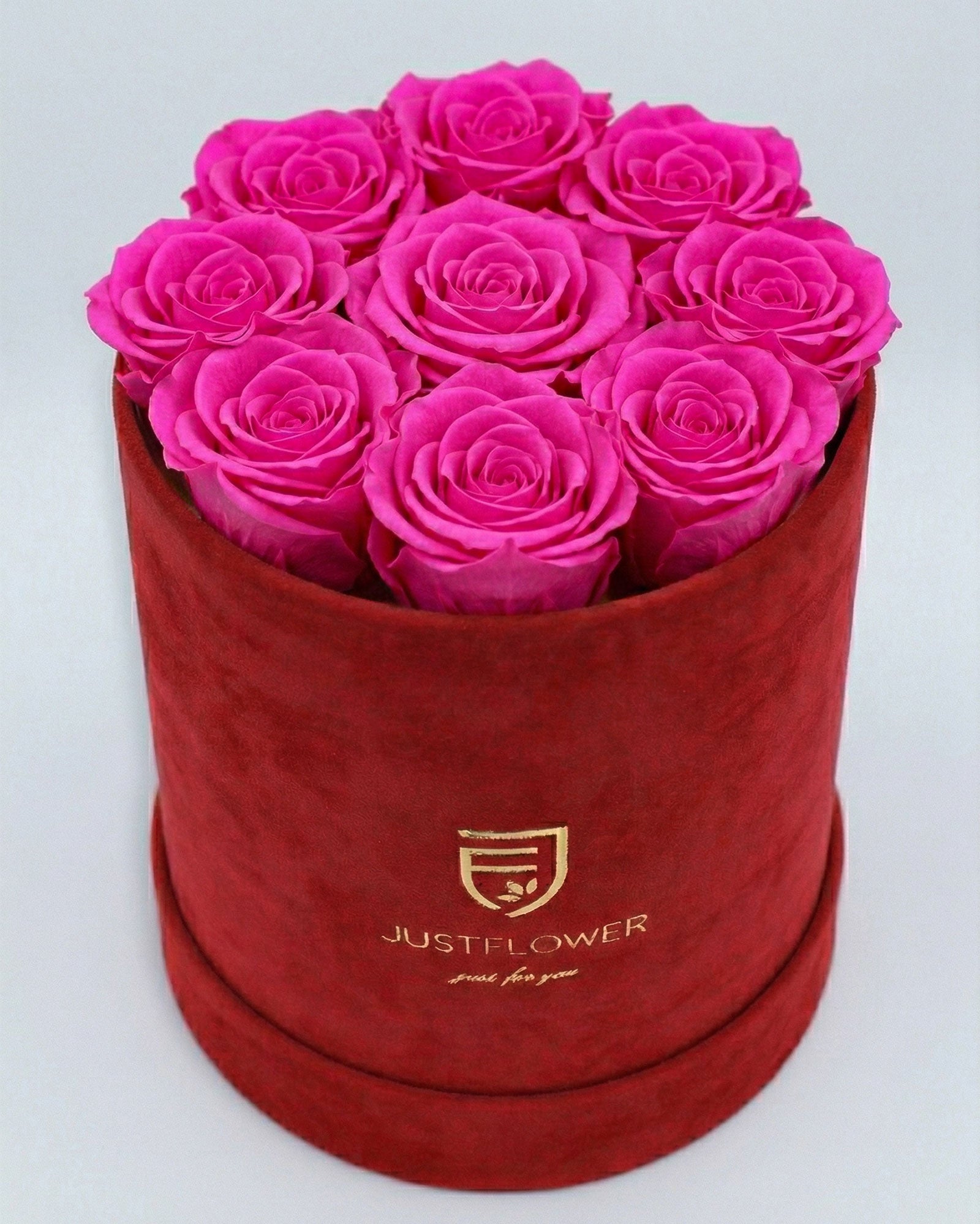 Rosenbox Rund Medium Rot Velvet mit rosa Infinity Rosen – elegante und moderne Geschenkidee