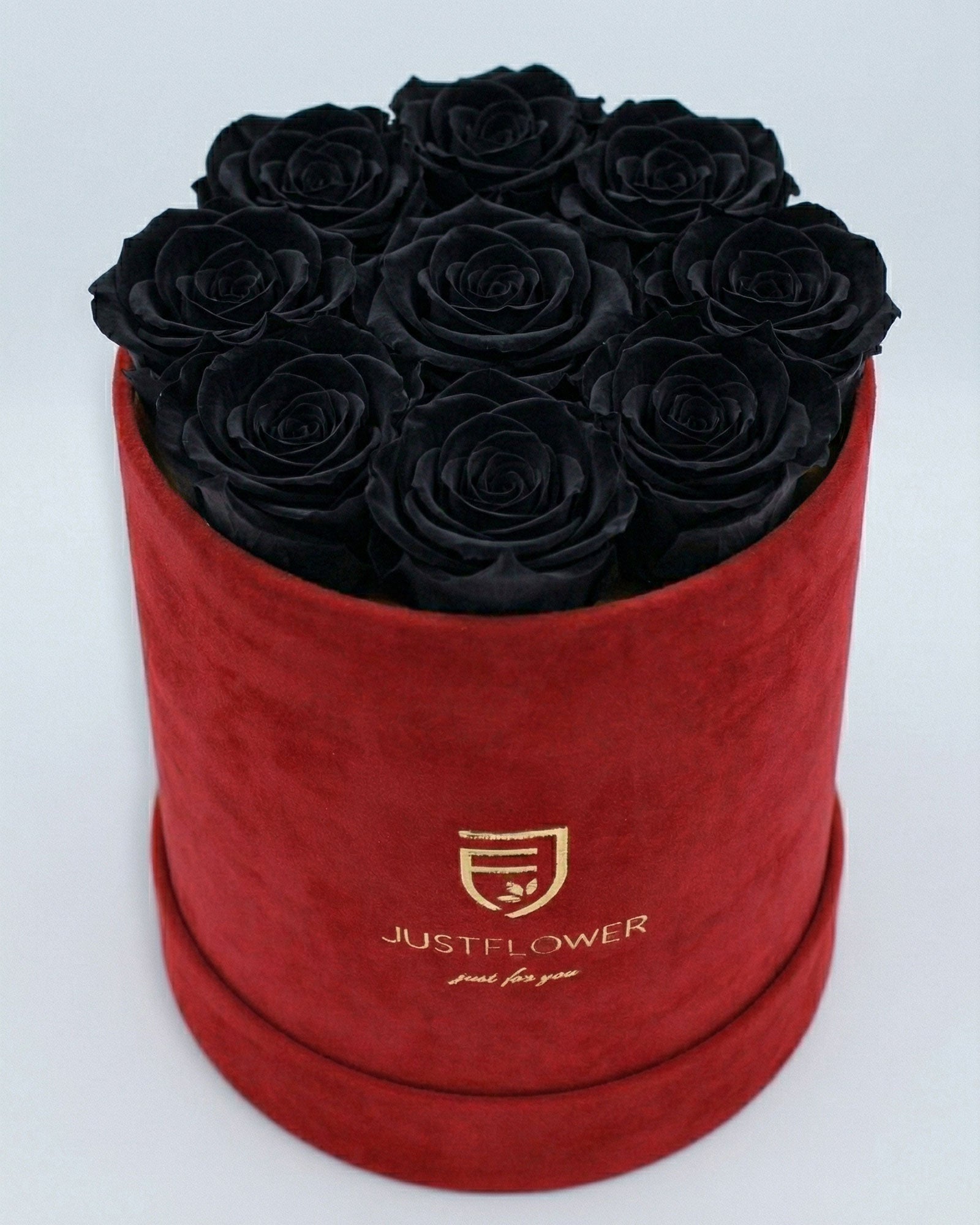 Rosenbox Rund Medium Rot Velvet mit schwarzen Infinity Rosen – elegante und kontrastreiche Rosenbox