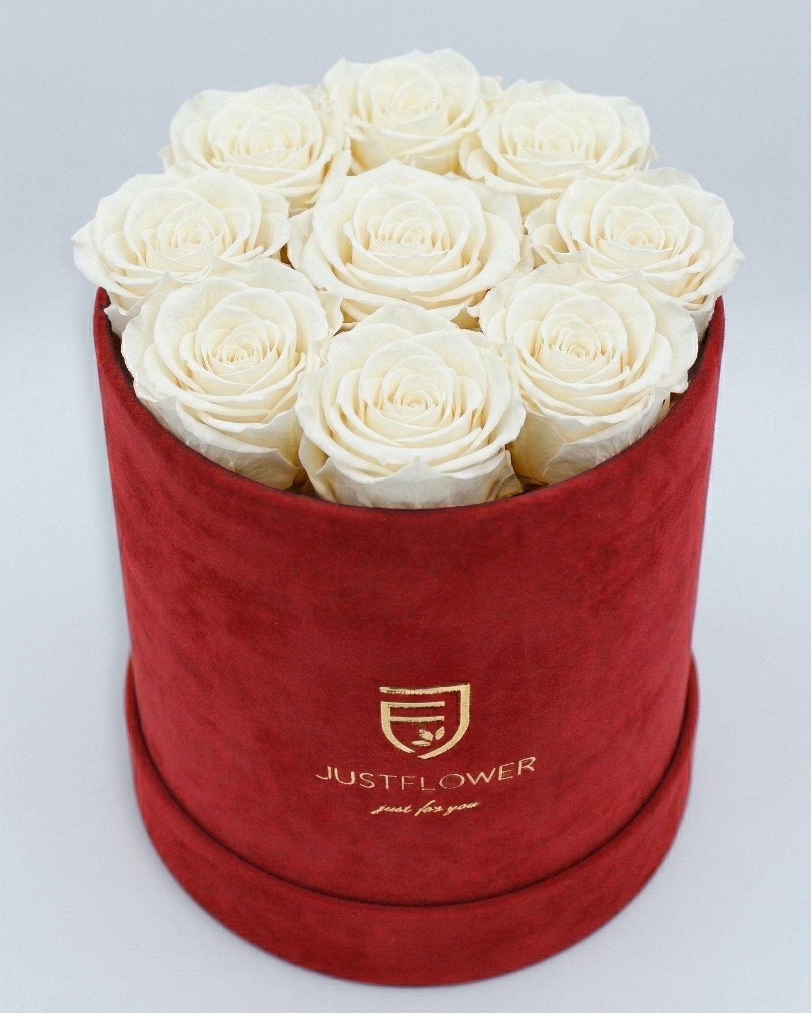 Rosenbox Rund Medium Rot Velvet mit weissen Infinity Rosen – stilvolle und edle Geschenkidee