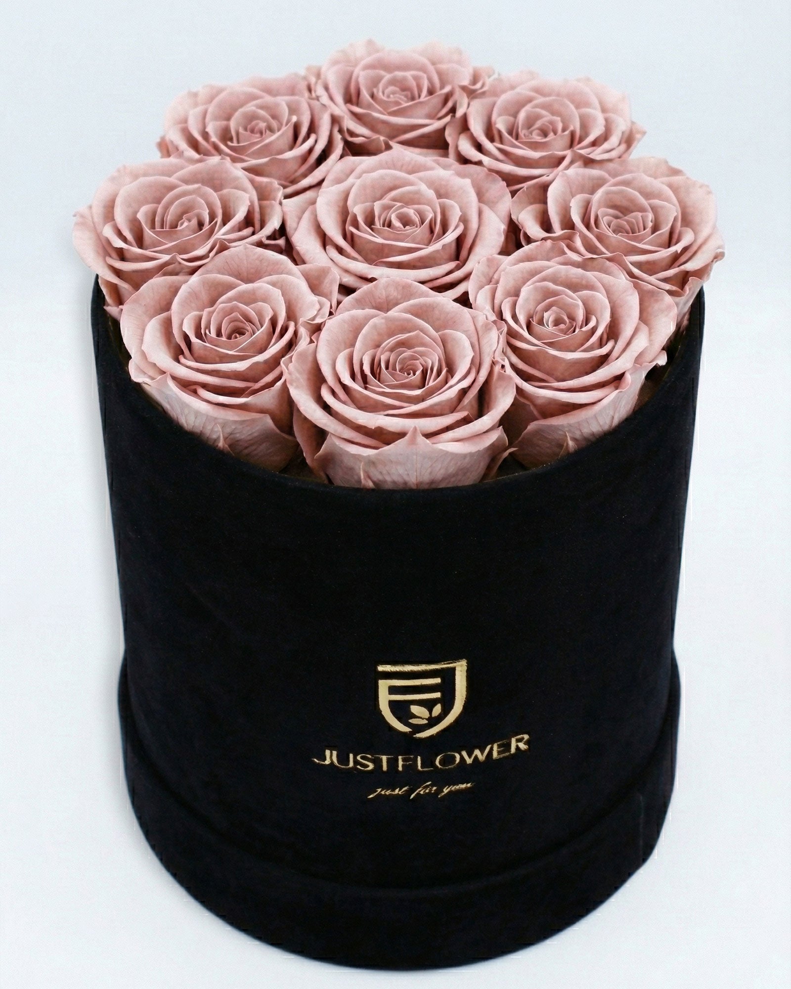 Rosenbox Rund Medium Schwarz Velvet mit altrosa Infinity Rosen – moderne und stilvolle Rosenbox