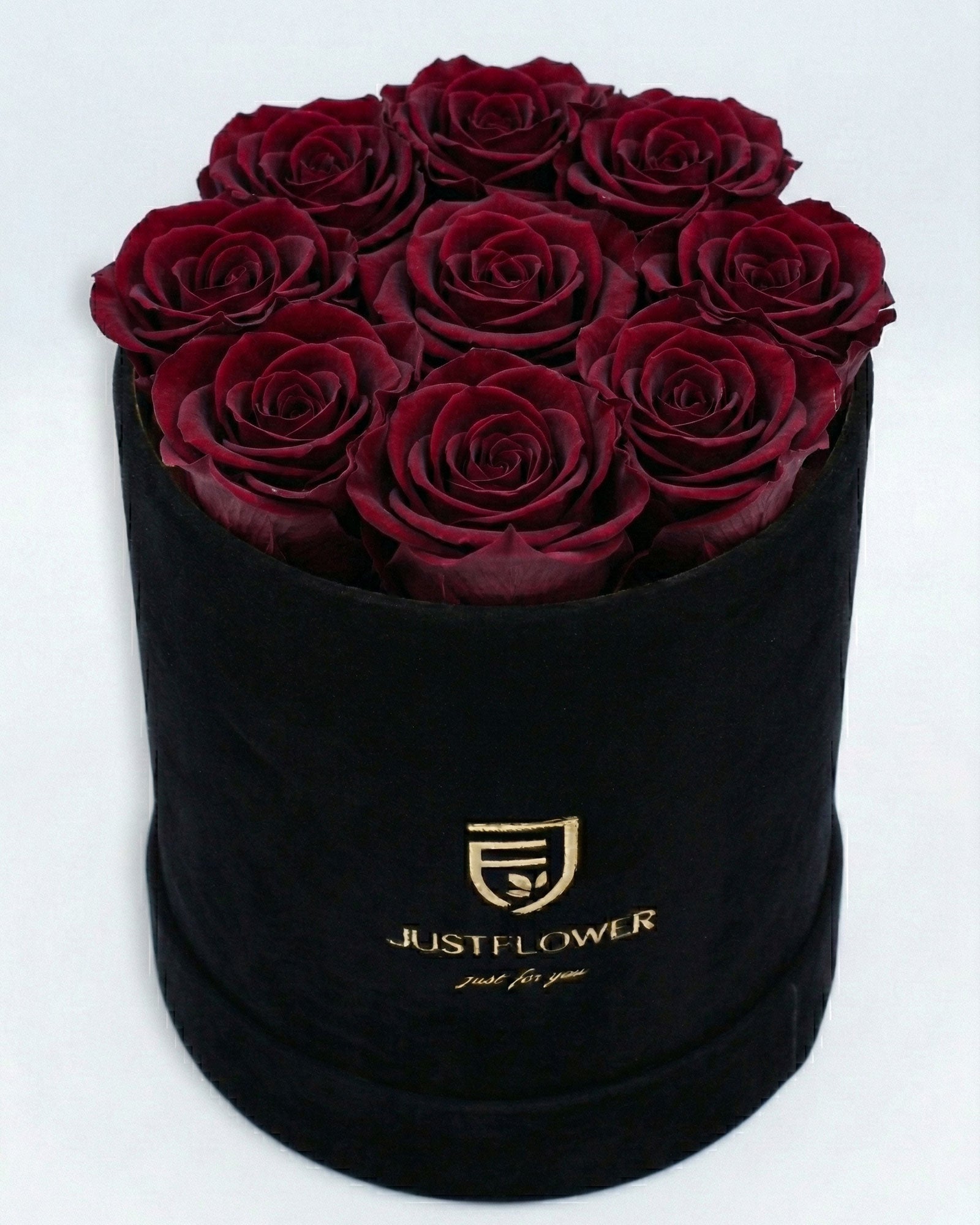 Rosenbox Rund Medium Schwarz Velvet mit burgundfarbenen Infinity Rosen – edles und elegantes Design
