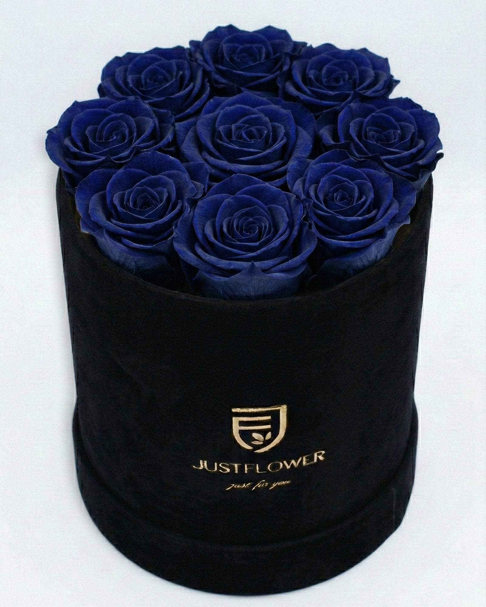 Rosenbox Rund Medium Schwarz Velvet mit dunkelblauen Infinity Rosen – edles und tiefes Farbdesign
