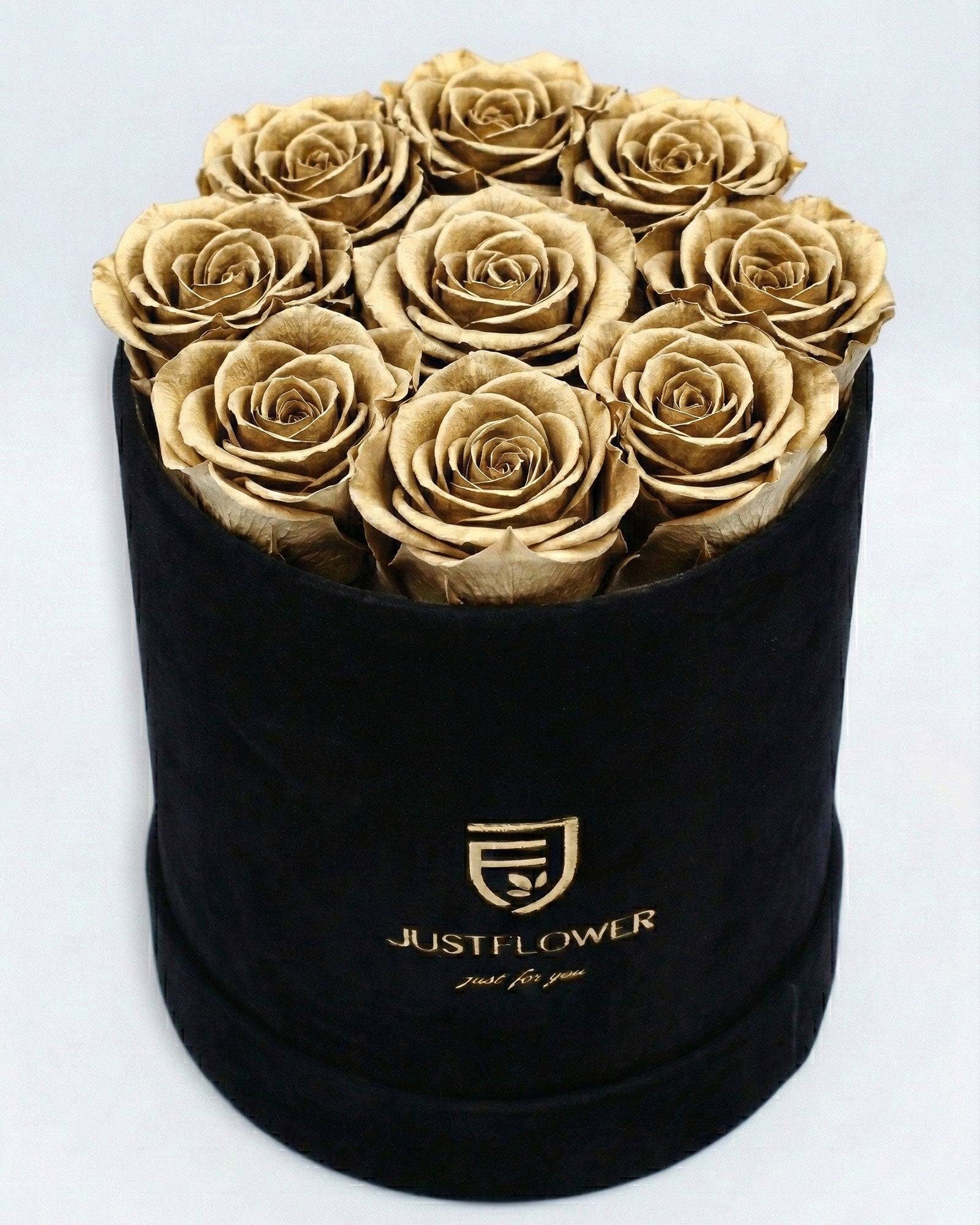 Rosenbox Rund Medium Schwarz Velvet mit goldenen Infinity Rosen – luxuriöse Rosenbox für exklusive Geschenke