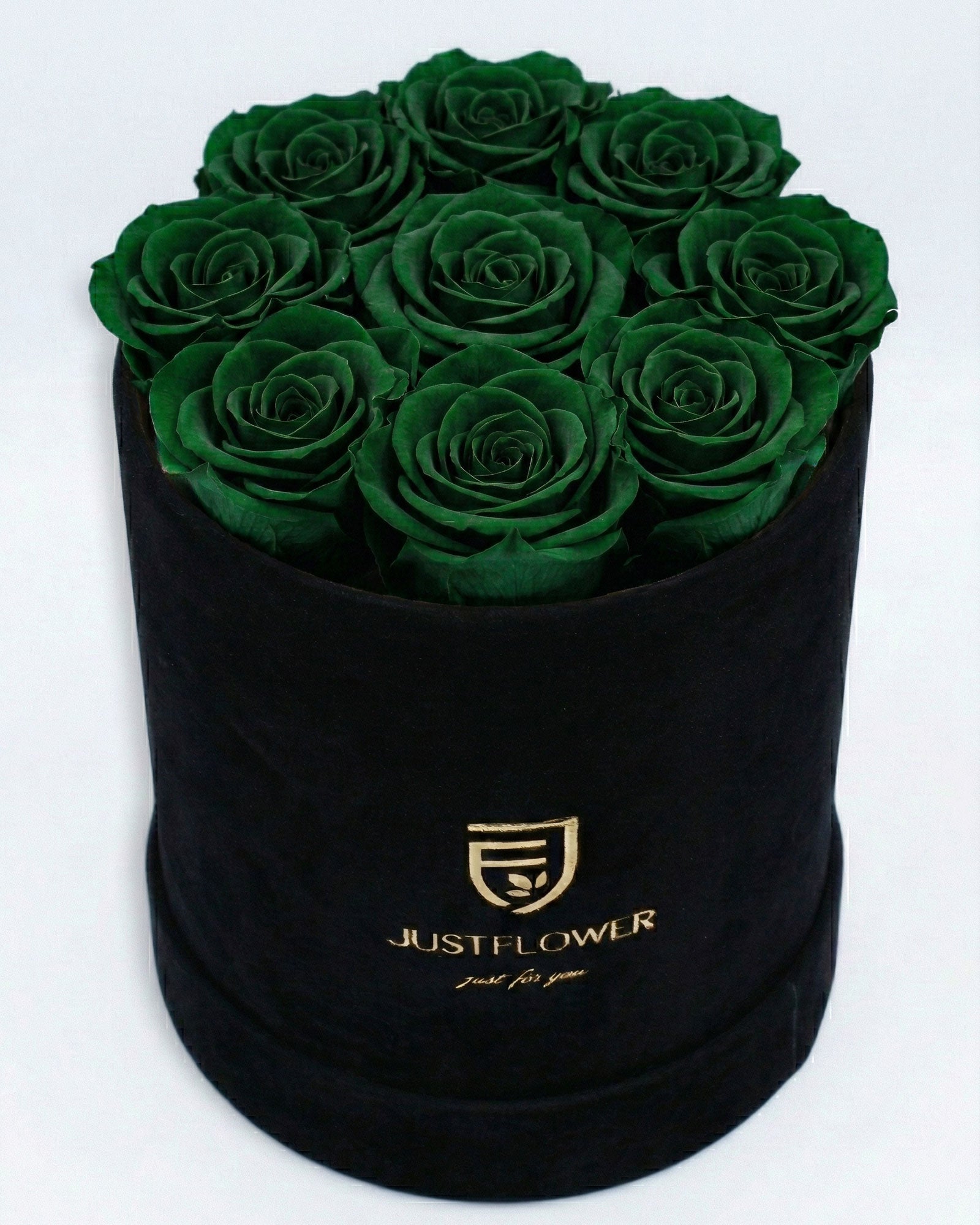 Rosenbox Rund Medium Schwarz Velvet mit grünen Infinity Rosen – aussergewöhnliche und moderne Rosenbox