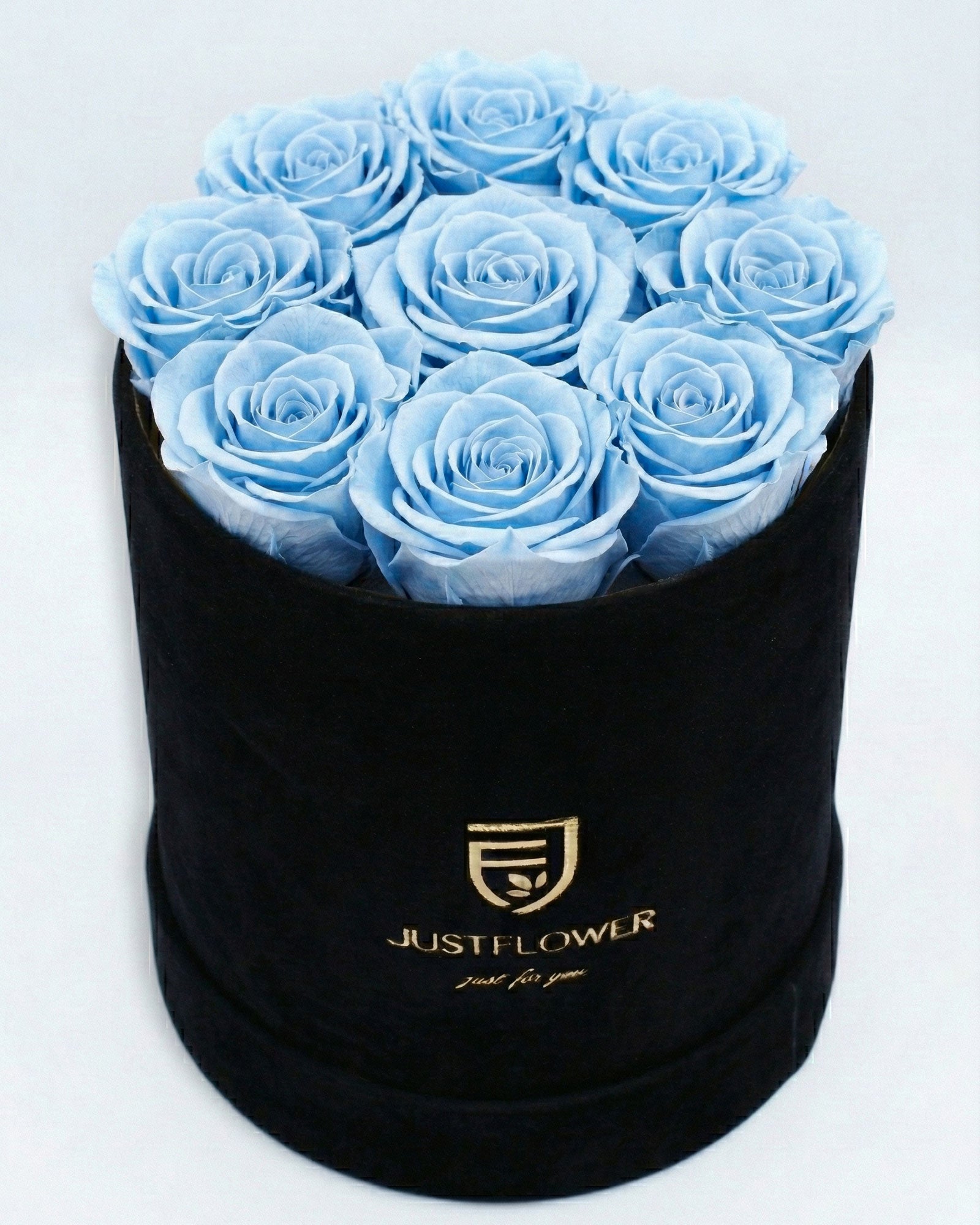 Rosenbox Rund Medium Schwarz Velvet mit hellblauen Infinity Rosen – kreative und elegante Geschenkbox