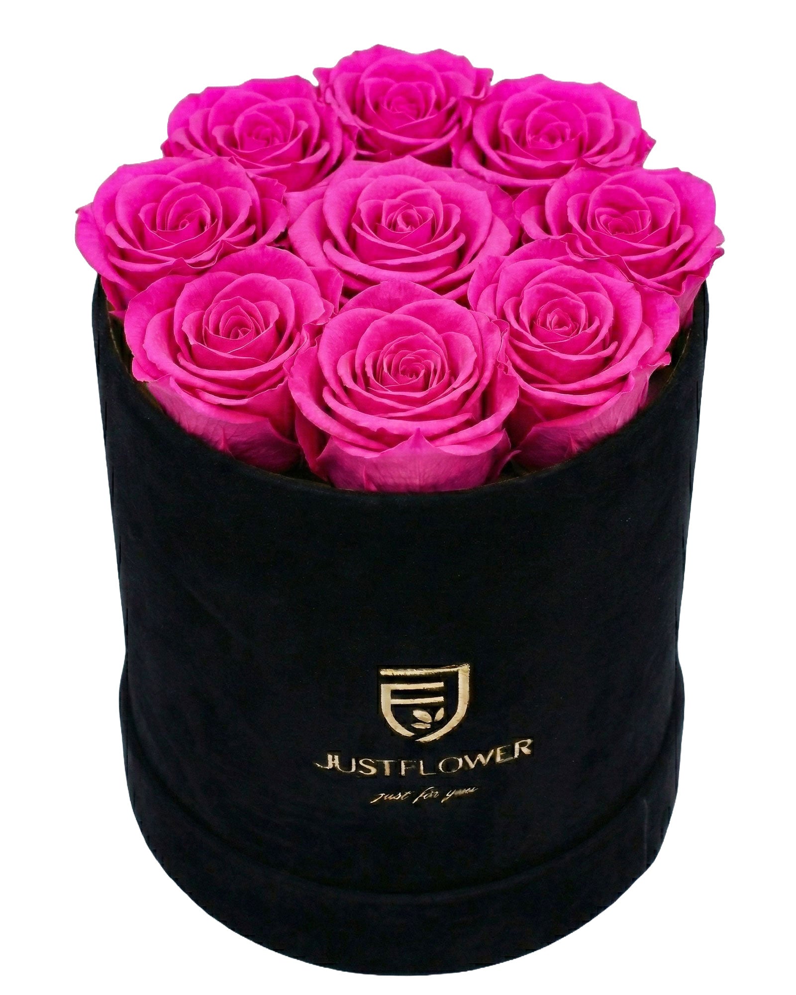 Rosenbox Rund Medium in Schwarz mit pinken Infinity Rosen – auffälliges Muttertag Geschenk
