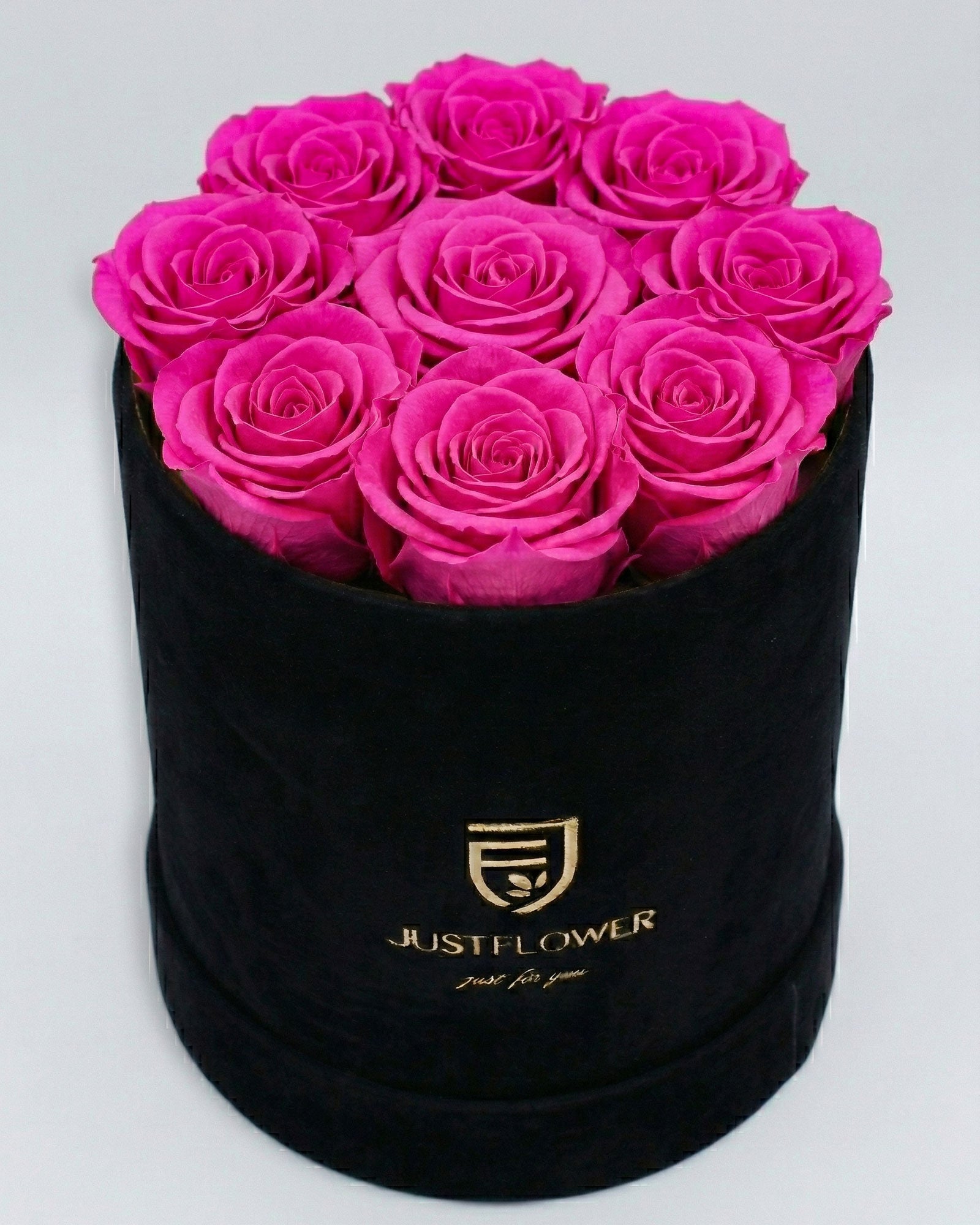 Rosenbox Rund Medium Schwarz Velvet mit rosa Infinity Rosen – elegante und romantische Blumenbox
