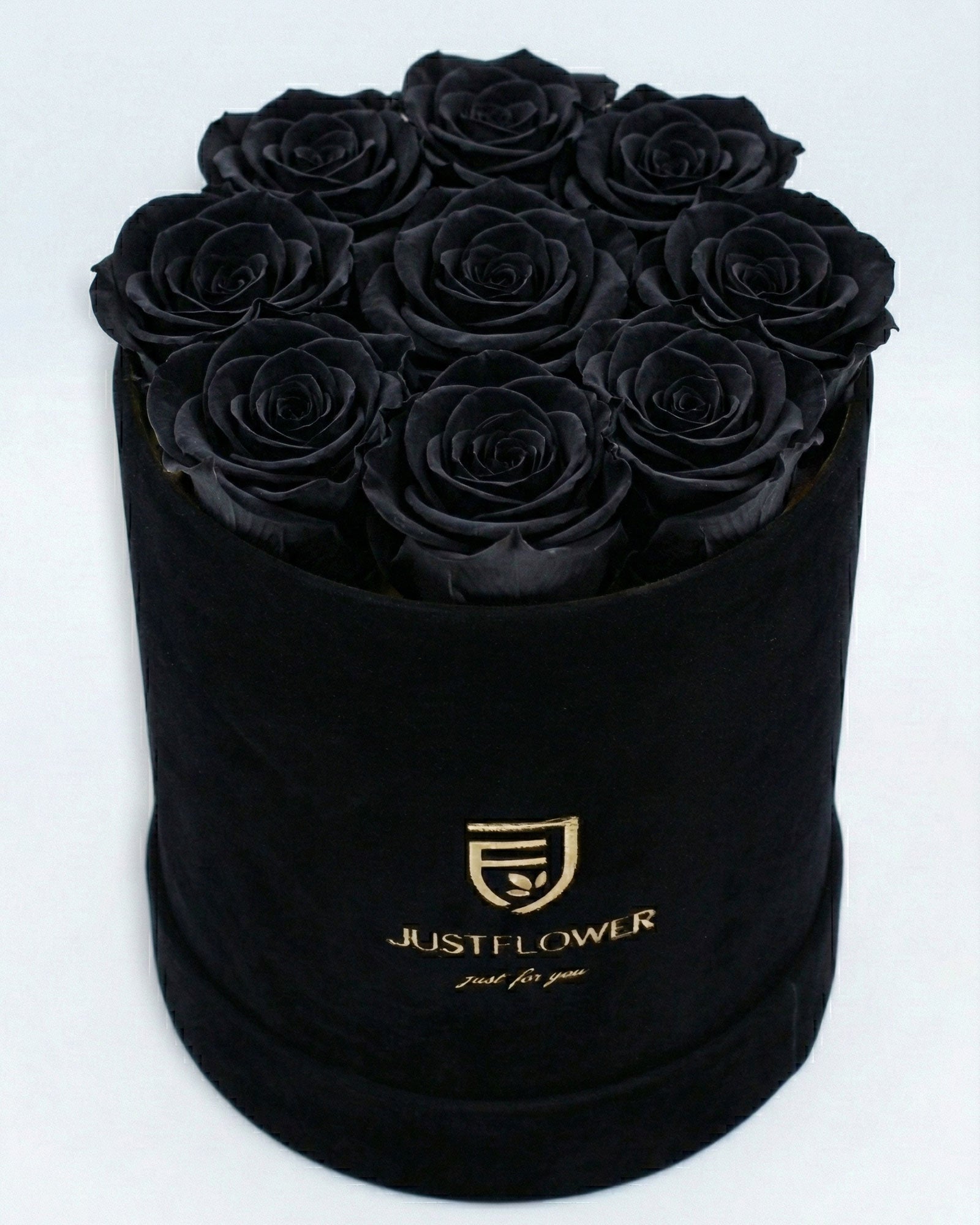 Rosenbox Rund Medium in Schwarz Velvet mit ca. 9–11 Infinity Rosen in Schwarz – elegante Geschenkbox von JustFlower Schweiz