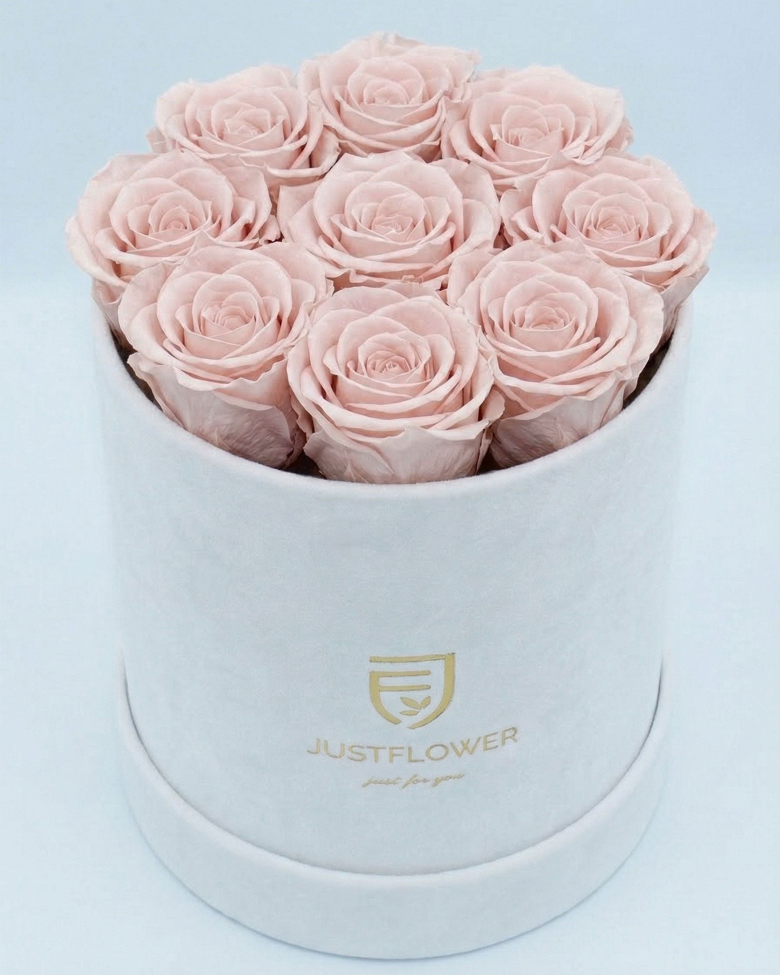 Rosenbox Rund Medium Weiss Velvet mit altrosa Infinity Rosen – moderne und stilvolle Rosenbox