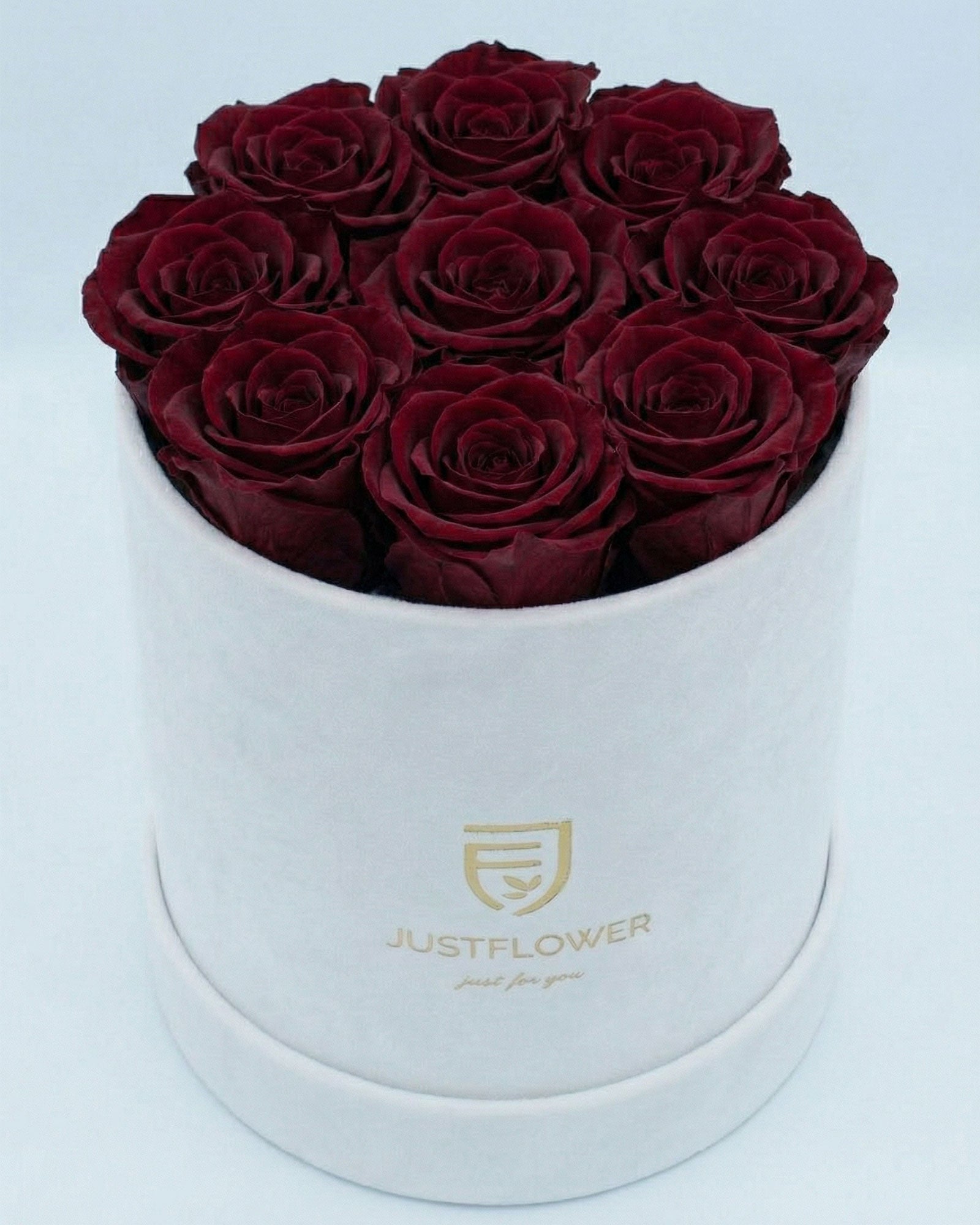 Rosenbox Rund Medium Weiss Velvet mit burgundfarbenen Infinity Rosen – edle und luxuriöse Geschenkidee